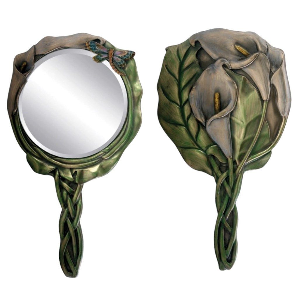 Dark-Desires Dekospiegel Vintage Handspiegel Libelle Jugendstil Polyresin Grün-Bronze