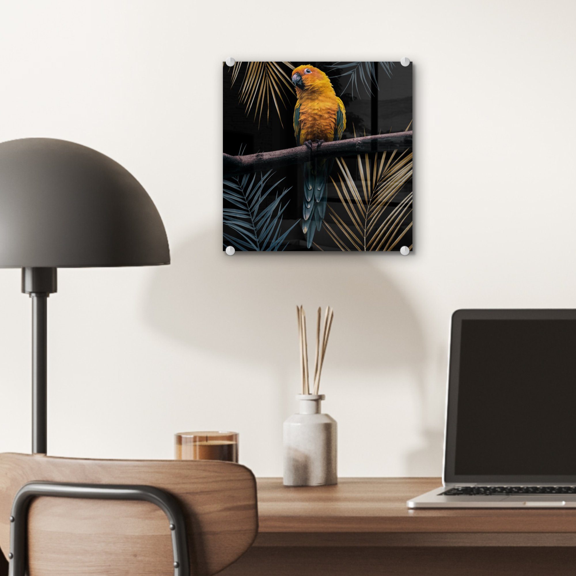 MuchoWow Acrylglasbild Vogel - (1 - Glasbilder Bilder auf - Glas Zweig auf - - St), Blätter, Wanddekoration Papagei Glas - Wandbild Foto