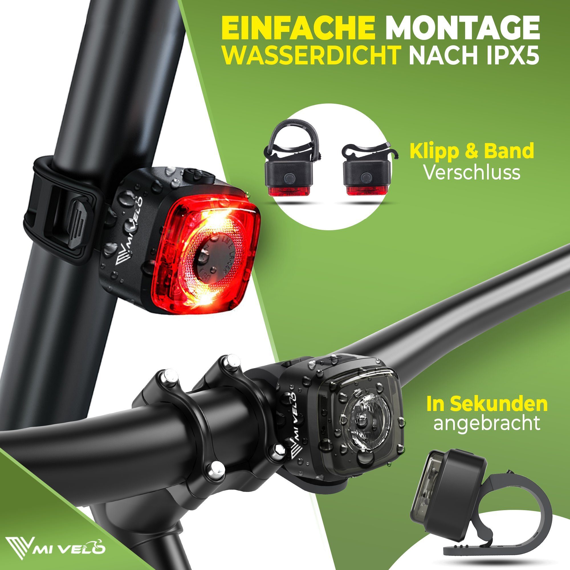 MIVELO Fahrradbeleuchtung CUBE Fahrradlicht Set LED - Akku USB aufladbar wasserdicht, OSRAM LED