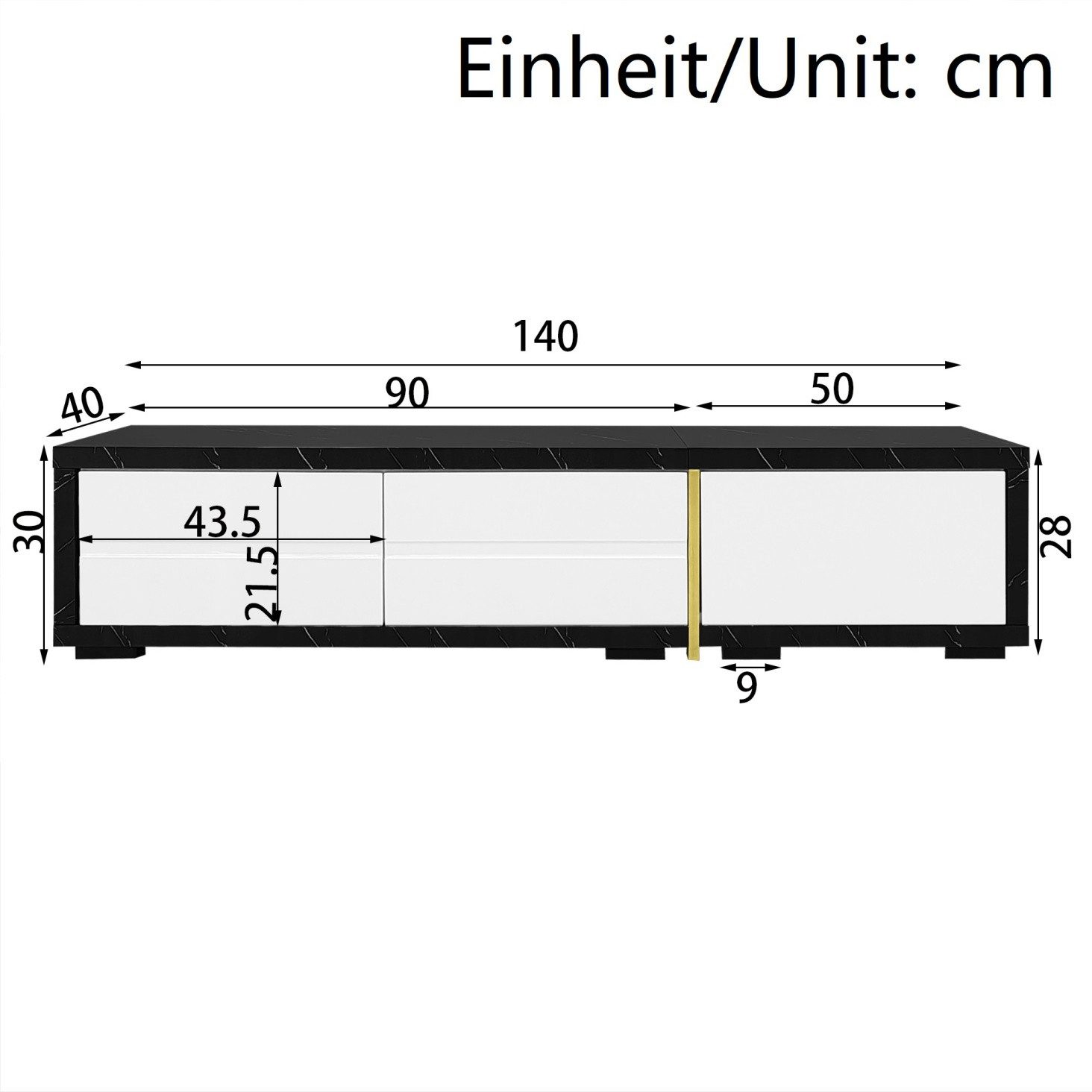 IDEASY Lowboard Lowboard, Längenverstellung 140-260cm, 360° Drehfunktion, Marmoroptik, Flexible, Goldene Designakzente, Stauraum für Multimedia-Geräte