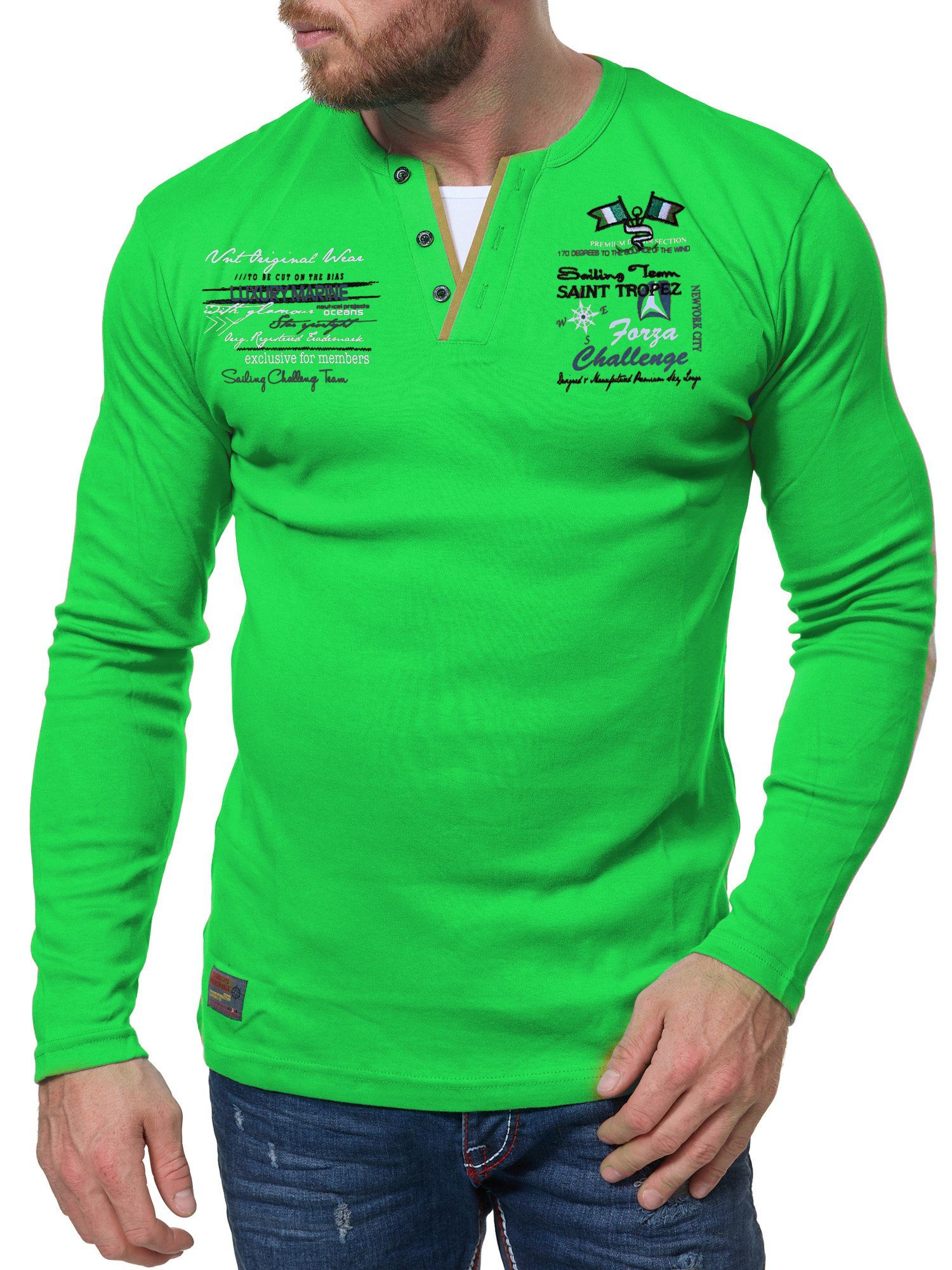 L.gonline Langarmshirt Herren Longshirt, Langarm T-Shirt, Italia Flagge,  Forza 8878 (Packung, 1-tlg) mit modischen Applikationen