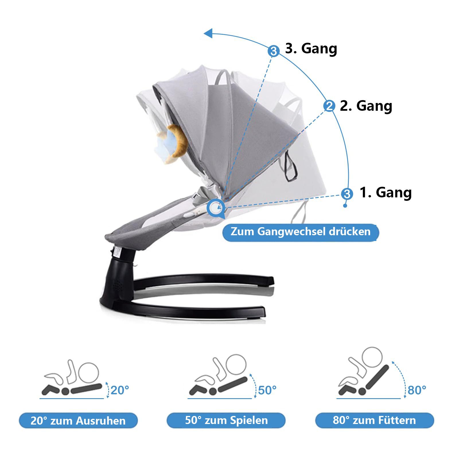 CLTYQ Babywippe babyschaukel Kippfunktion,klappbar,Dreistufige Richtungseinstellung, elektrisch Babyschaukel bluetooth Musik, Fernbedienung, Insektennetz