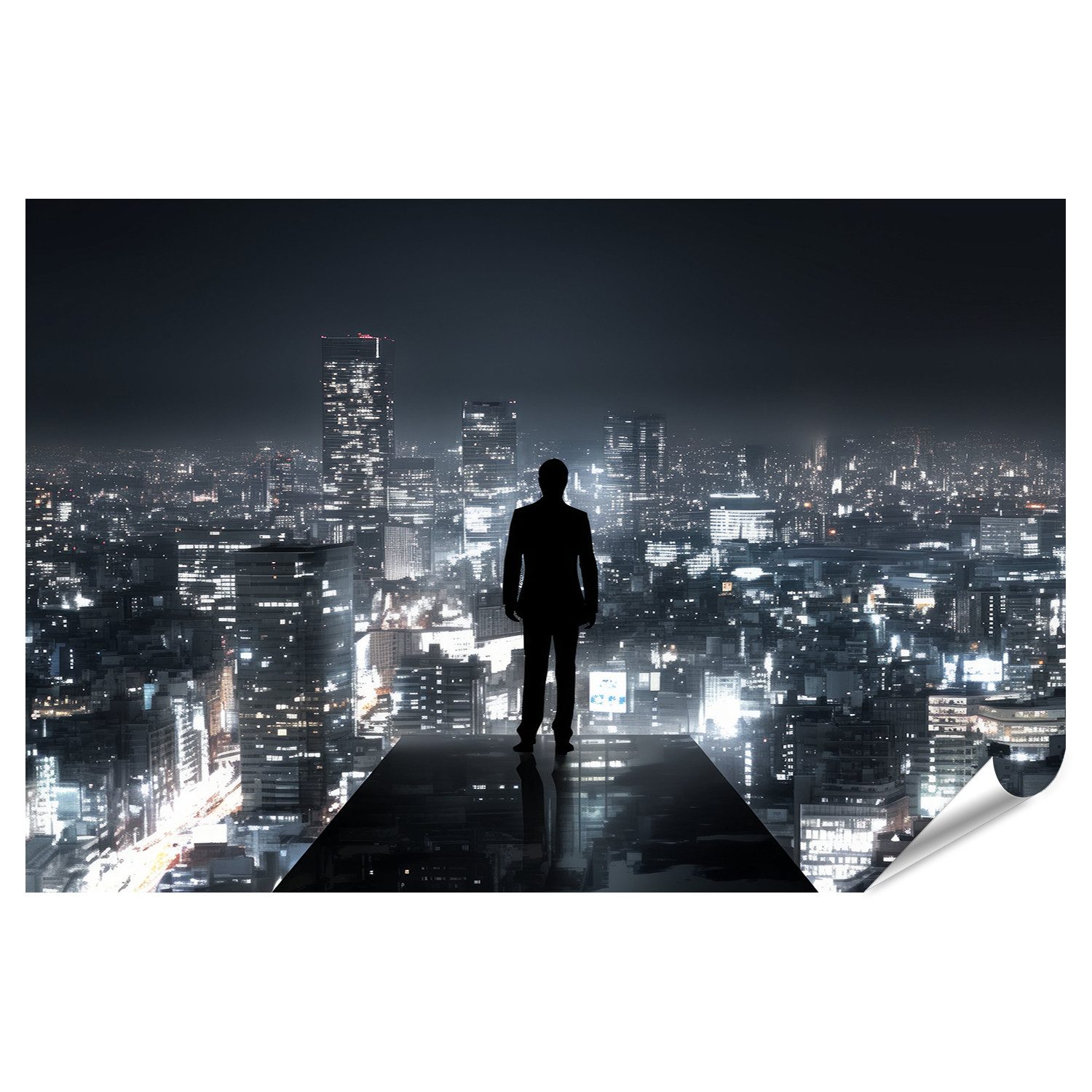 islandburner Poster, Mann blickt über beleuchtete Stadt Nacht