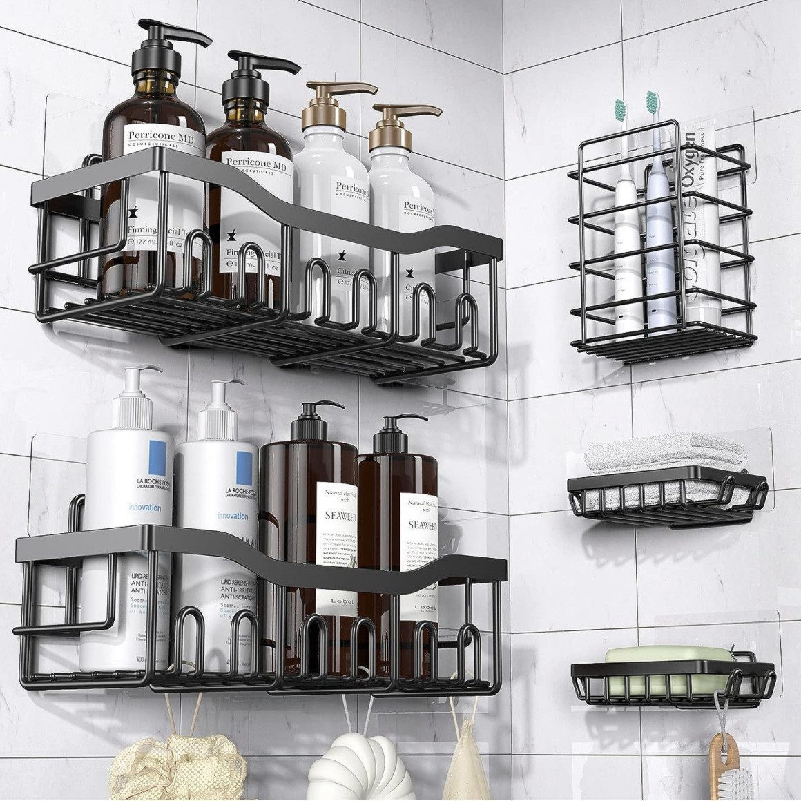 Fyrove Duschablage Duschablage Ohne Bohren, 5 Stück Duschregal Badezimmer Organizer, Badregal Shampoo Halterung für Dusche, Schwarz Duschkorb Regal, Rostfreie, Kohlenstoffstahl
