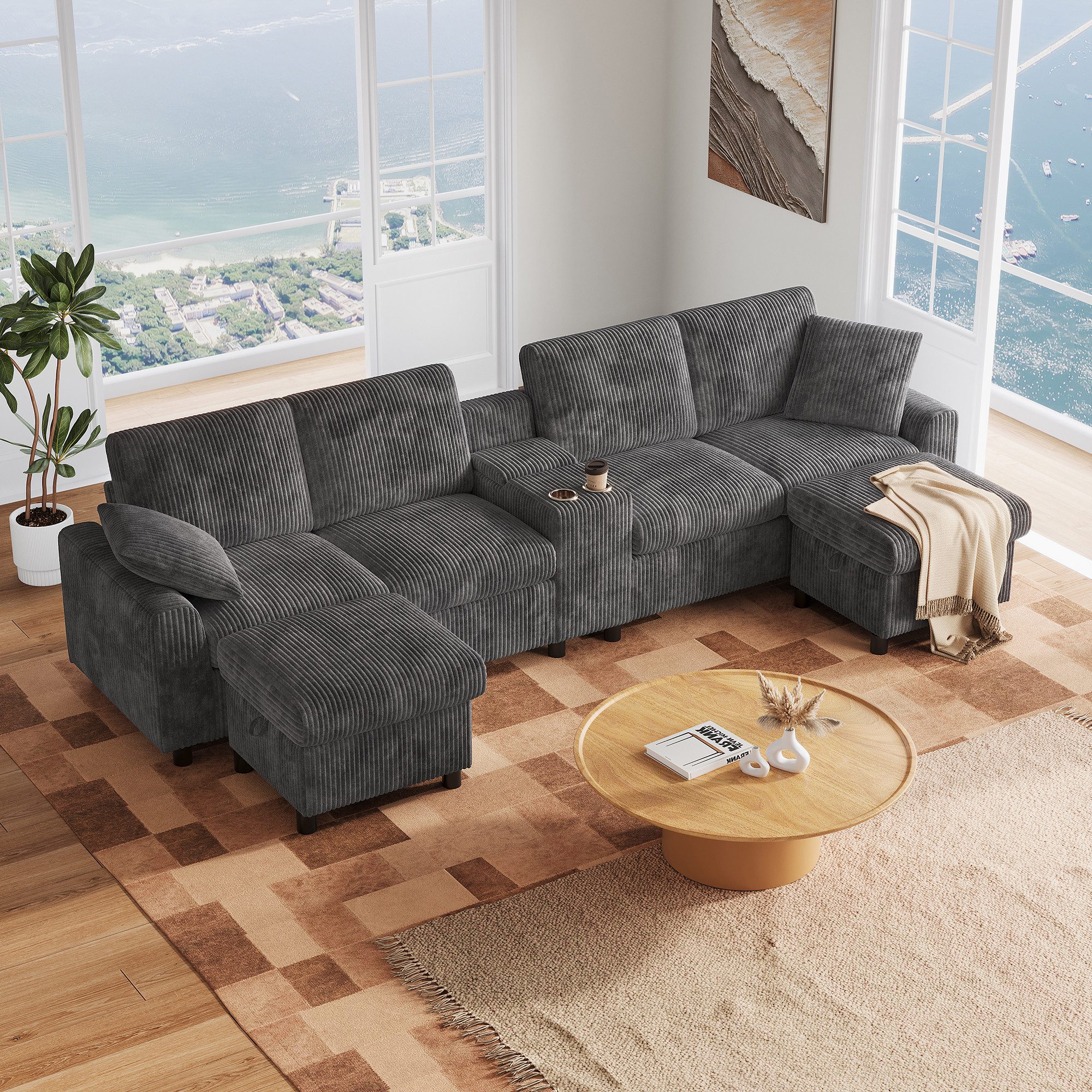 Celya Sofa U-förmiges inklusive 2 Fußhockern mit Staufunktion, mit 1 USB-Anschluss, 2 Steckdosen und 2 Type-C-Anschlüssen, Ideal für Wohnzimmer
