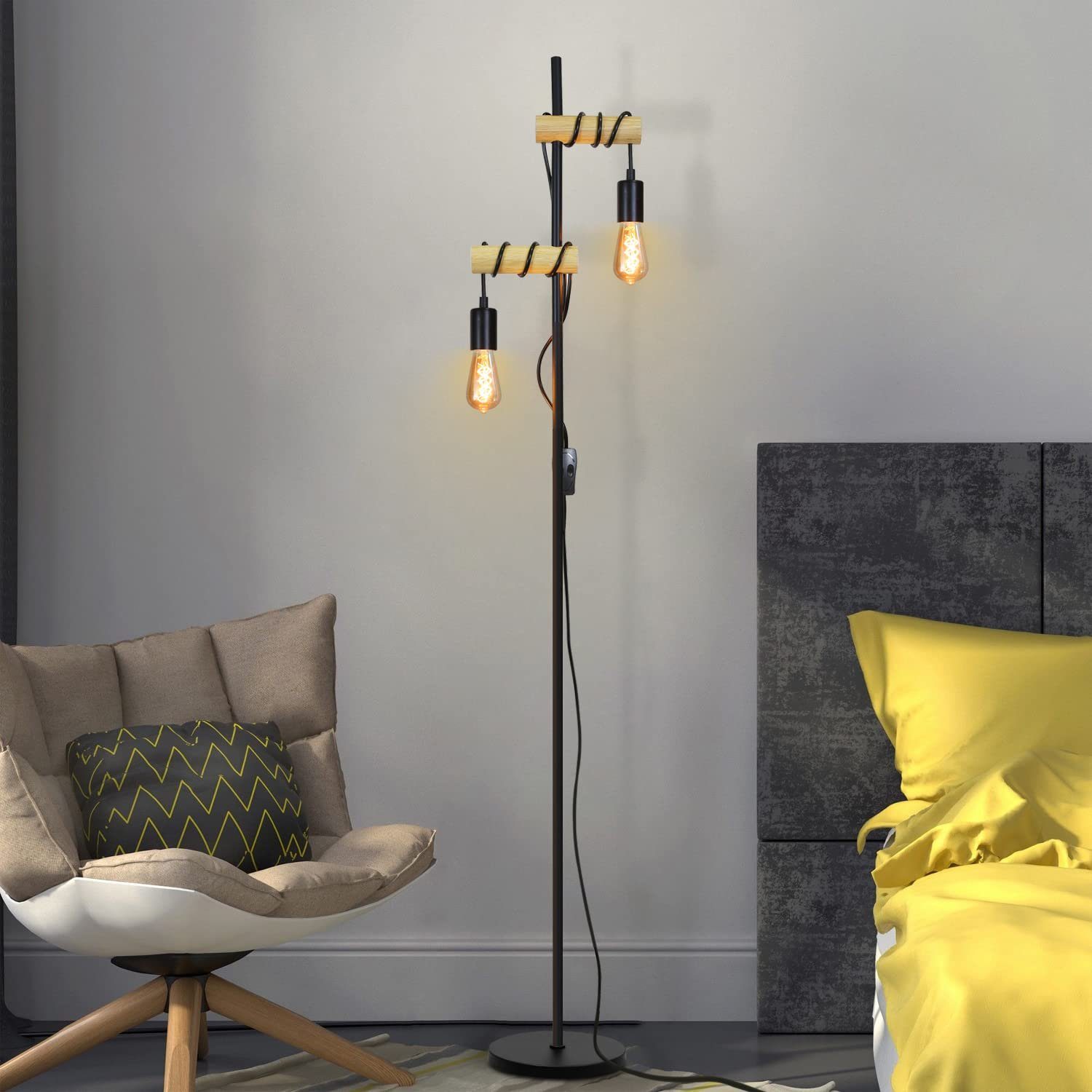 Leuchtmittel ohne Schwarz Industrial Retro E27 Stehlampe 2 ZMH 180°, Wohnzimmer Flammig