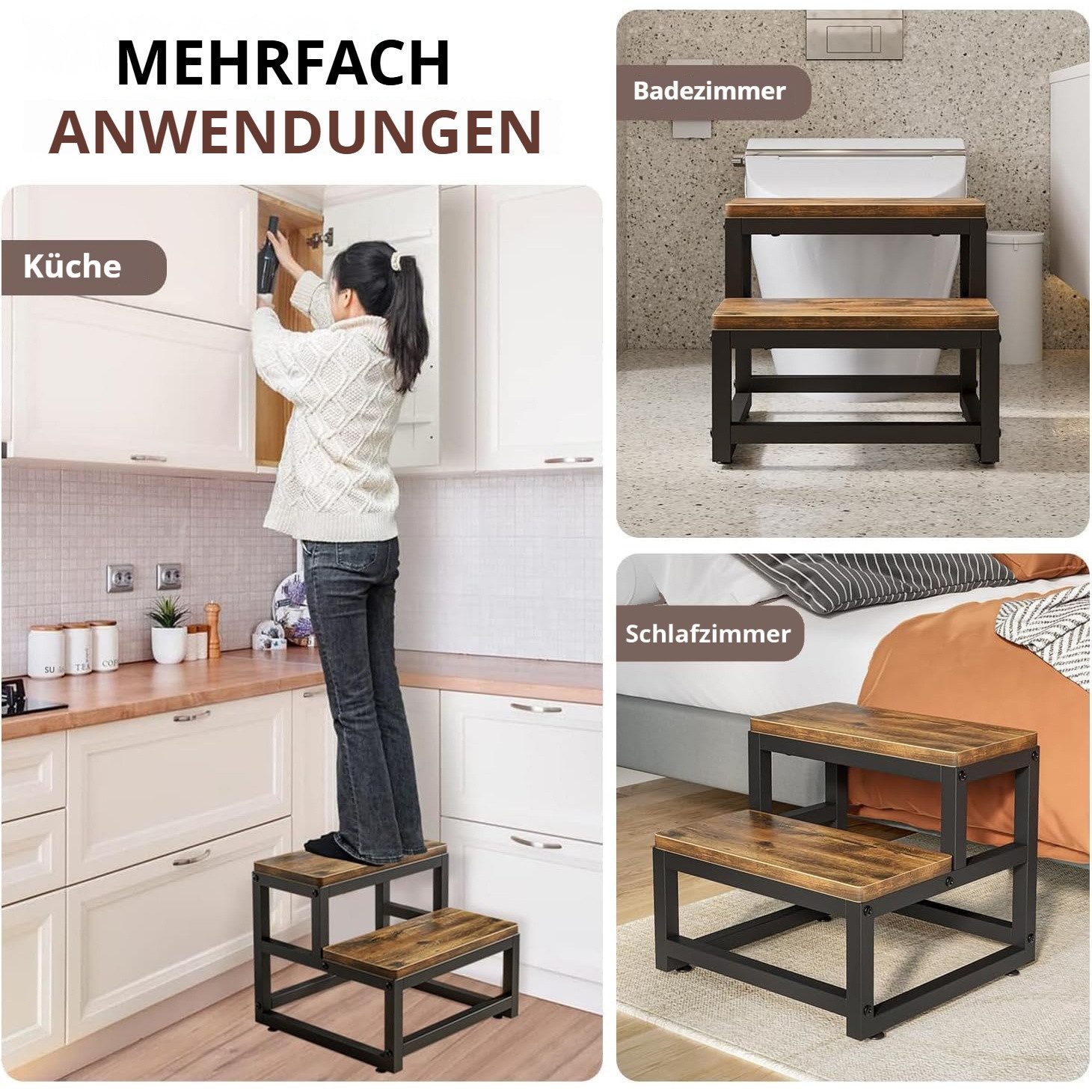JOYOLEDER Tritthocker Zweistufiger Tritthocker aus Holz, Tragfähigkeit bis zu 220KG – Bild 3 von 5