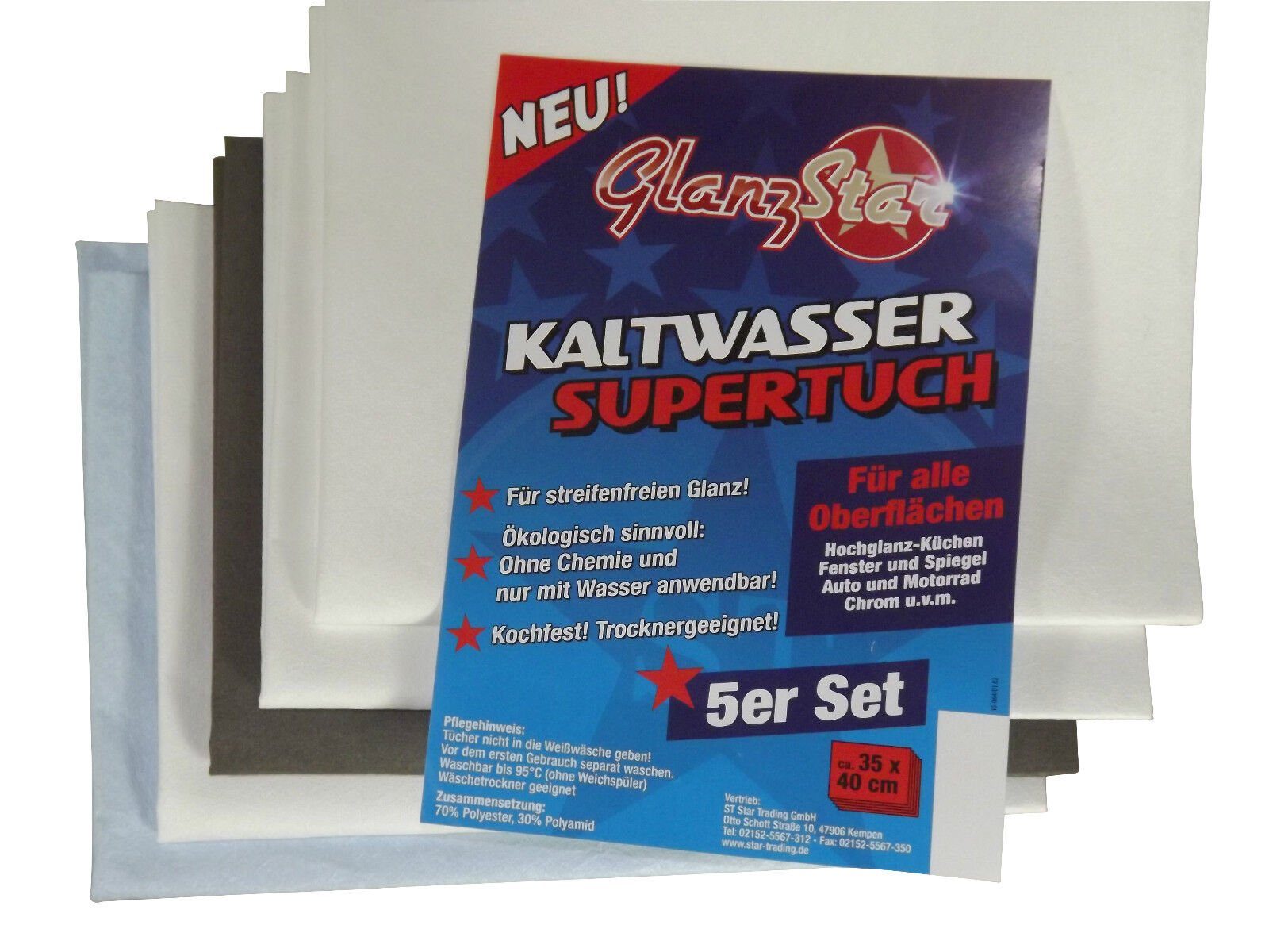 Glanzstar Kaltwasser Supertuch 5er Set ca 35x40cm Mikrofasertuch (70% Polyester 30 % Polyamid)