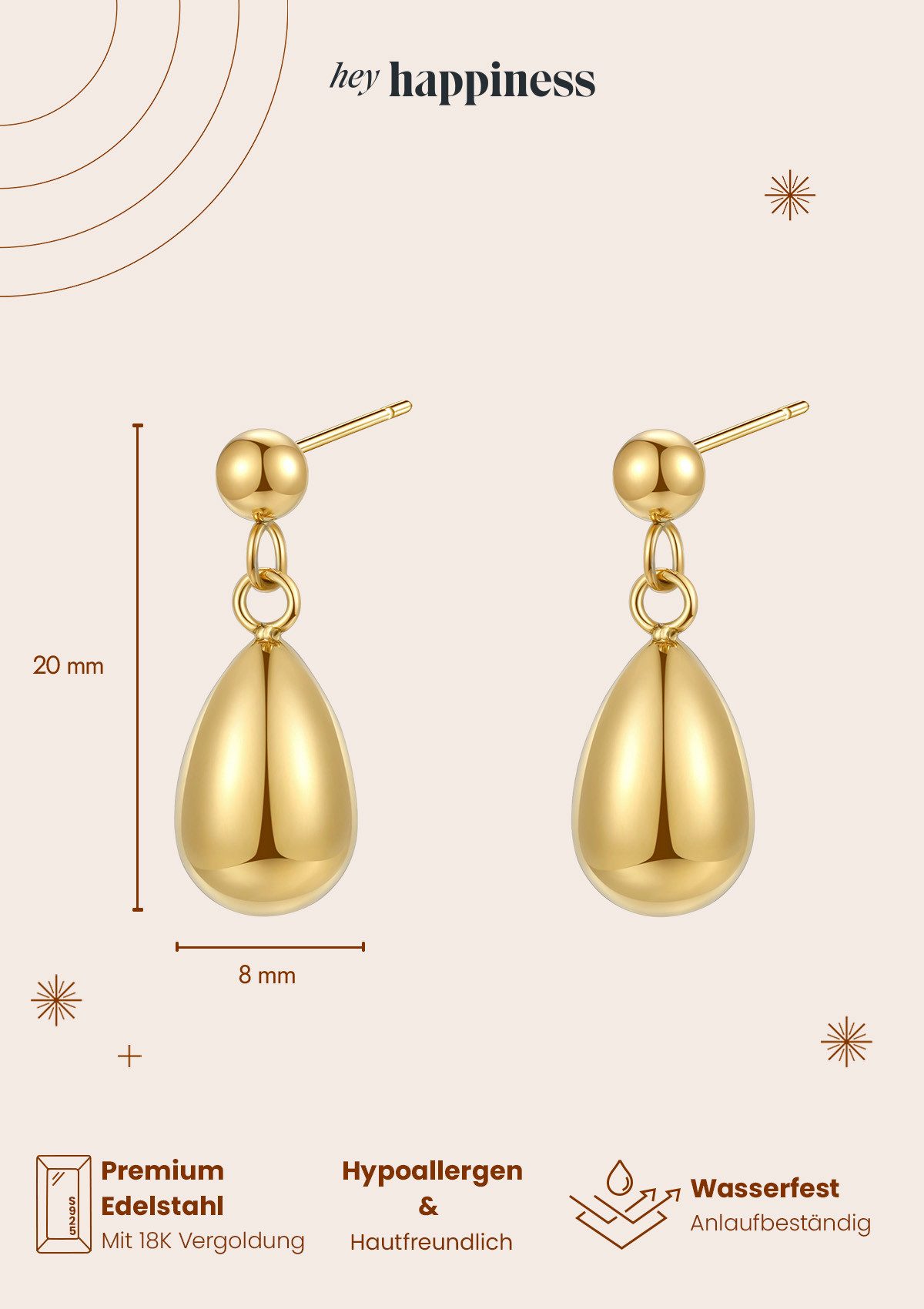 Hey Happiness Paar Ohrstecker Kugel und Tropfen hängend, Ohrhänger 18K Roségold Vergoldet, Tropfen Ohrringe Damen Edelstahl klein, wasserfest – Bild 5 von 5