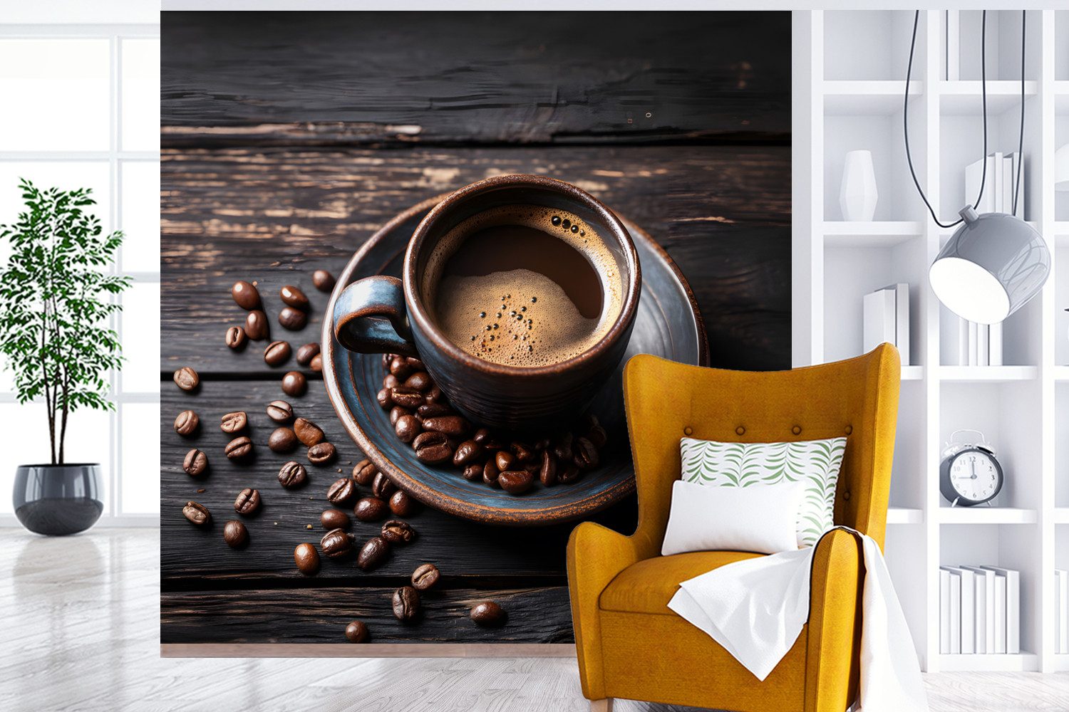 MuchoWow Fototapete Tasse - Kaffee - Holz - Bohnen, Matt, bedruckt, Vliestapete für Wohnzimmer Schlafzimmer Küche, Fototapete, 220x220 cm