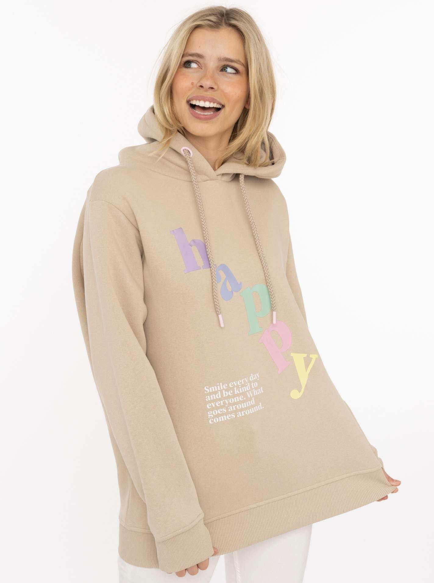 Zwillingsherz Hoodie "happy" großer „Happy“ Print, Kapuze mit Kordel, elastische Bündchen