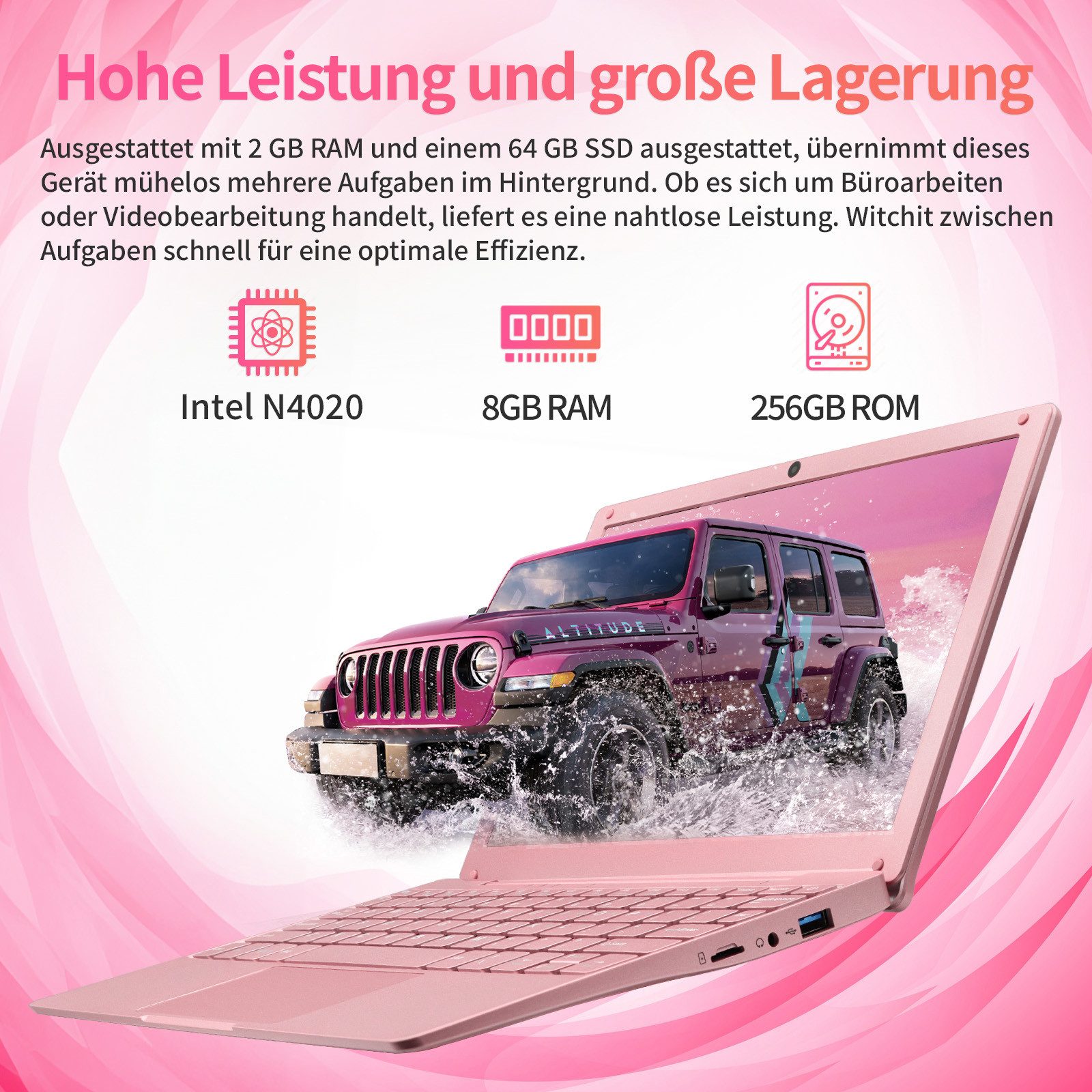 LONGEVINCE 10,1 Zoll Mini Laptop, Celeron N4020, 8GB RAM, Ultradünn Notebook (25,65 cm/10,1 Zoll, Intel Celeron N4020, Intel UHD Graphics 600, 8 GB, 256 GB SSD, 1280x800 HD Display, Intel Celeron N4020, Windows 11 Pro)