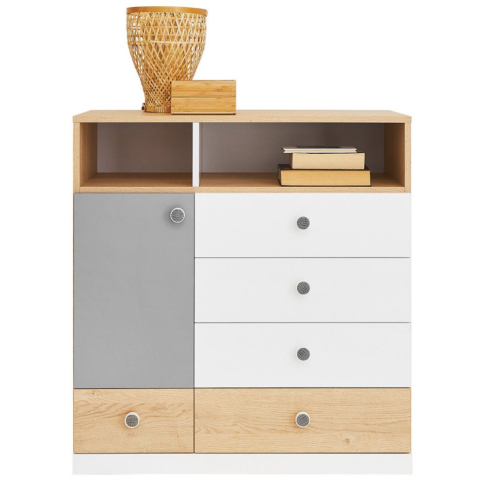 Lomadox Kommode PINETO-133, Eiche Nb.,weiß,grau, 1 Tür, 5 Schubkästen, B/H/T ca. 85/90/40 cm