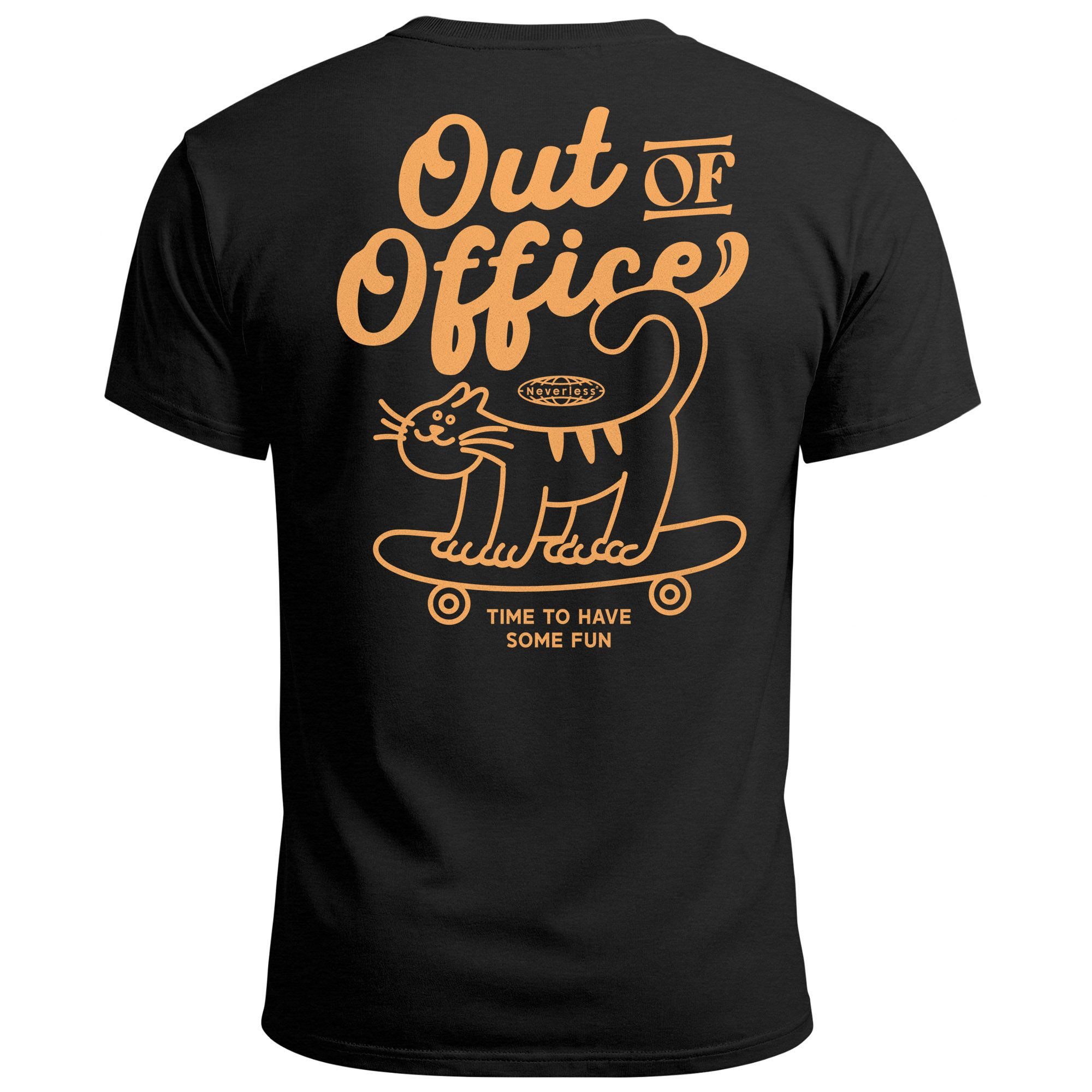 Print-Shirt Herren T-Shirt Backprint Out of Office Grafikshirt Katze Schriftzug