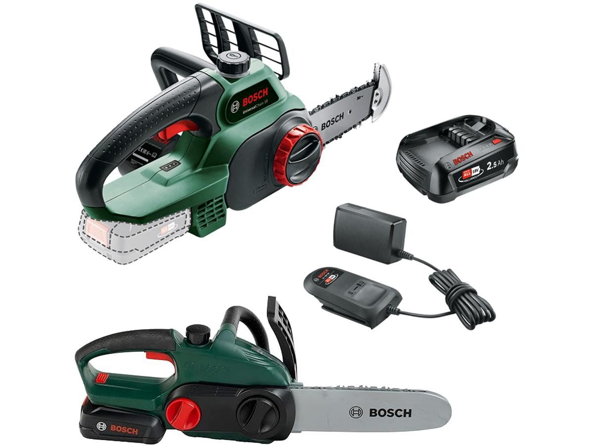 Bosch Professional Akku-Kettensäge UniversalChain 18 Set 3, 20 cm Schwertlänge, inkl. BOSCH 2,5-Ah-Akku POWER FOR ALL, sowie BOSCH Spielzeug Kettensäge Theo Klein