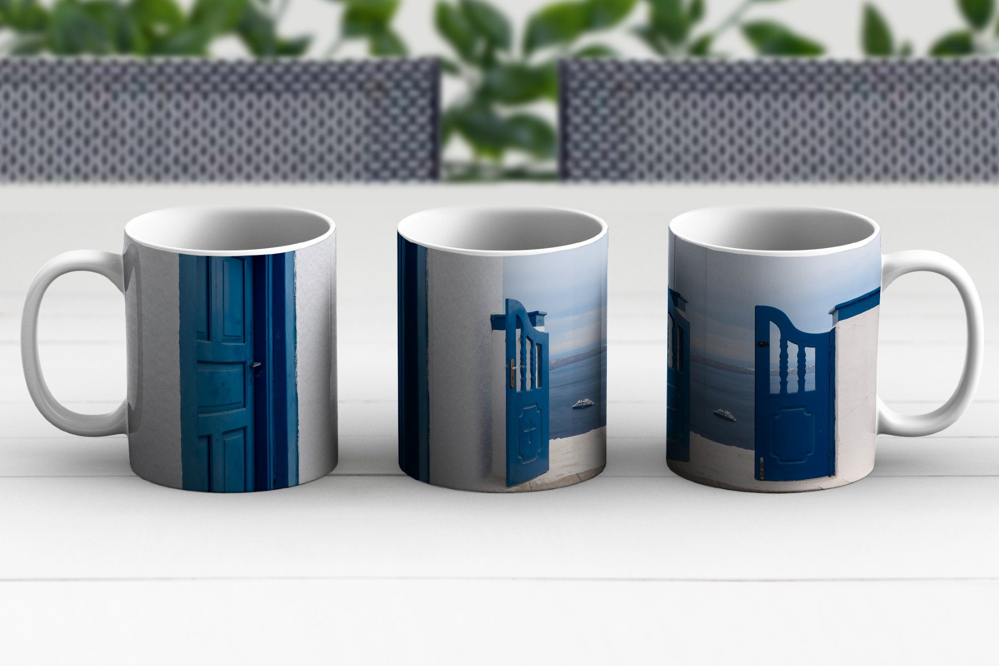 Weiß Tasse Keramik, - Teetasse, Becher, Geschenk - Architektur, Blau Teetasse, Tür MuchoWow - Kaffeetassen,