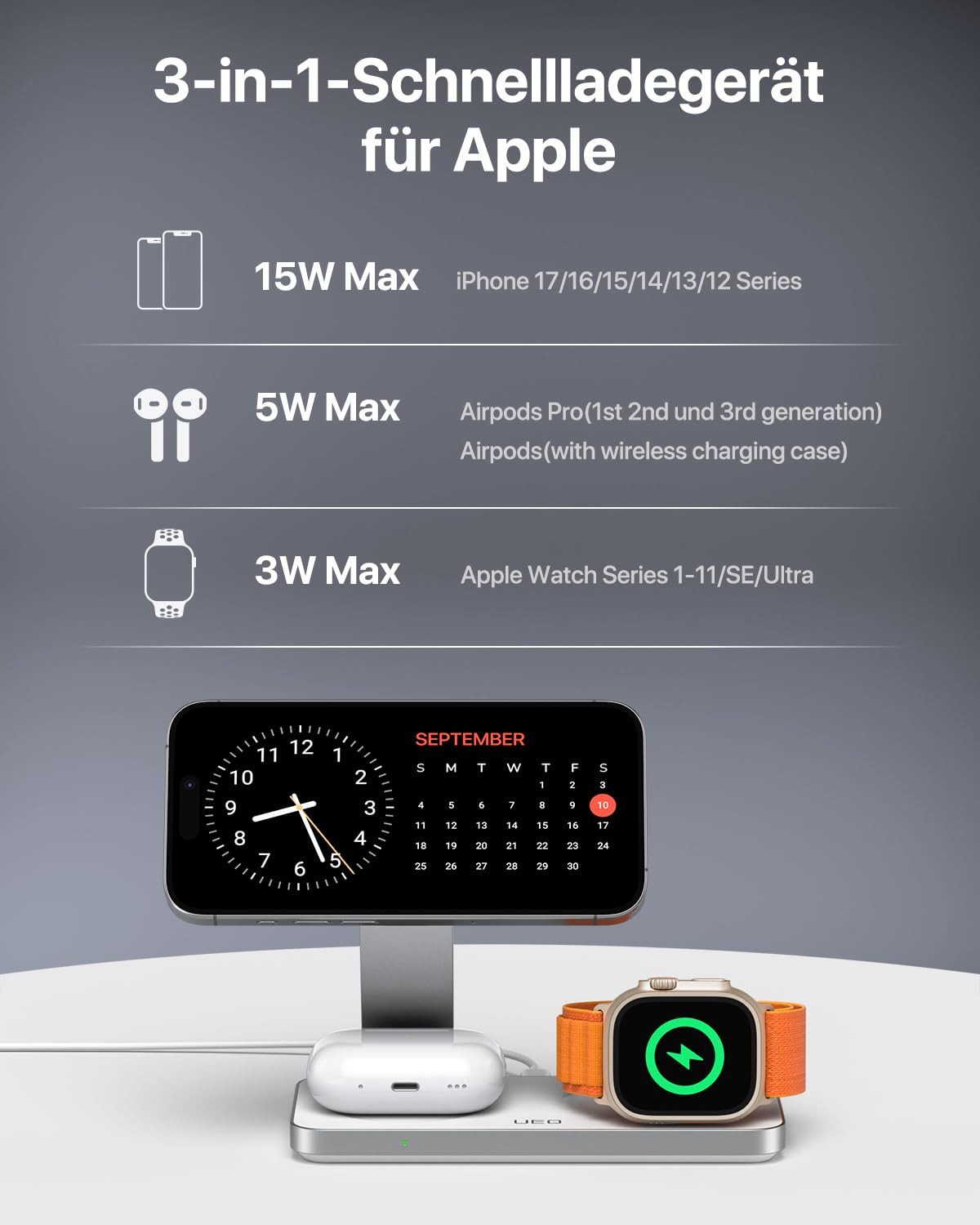 AIBISTAR 3 in 1 Ladestation für Apple Watch iPhone, MagSafe kompatibel, Faltbar Induktions-Ladegerät (3000 mA, Wireless Charger,für iPhone 12-16,Apple Watch Ser – Bild 5 von 5