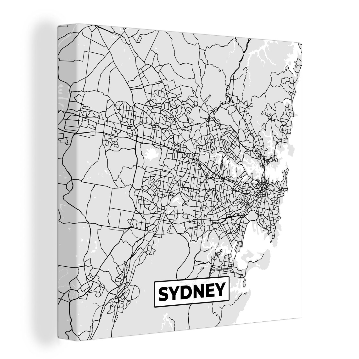 OneMillionCanvasses® Leinwandbild Sydney - Stadtplan - Schwarz und Weiß - Karte, (1 St), Leinwand Bilder für Wohnzimmer Schlafzimmer