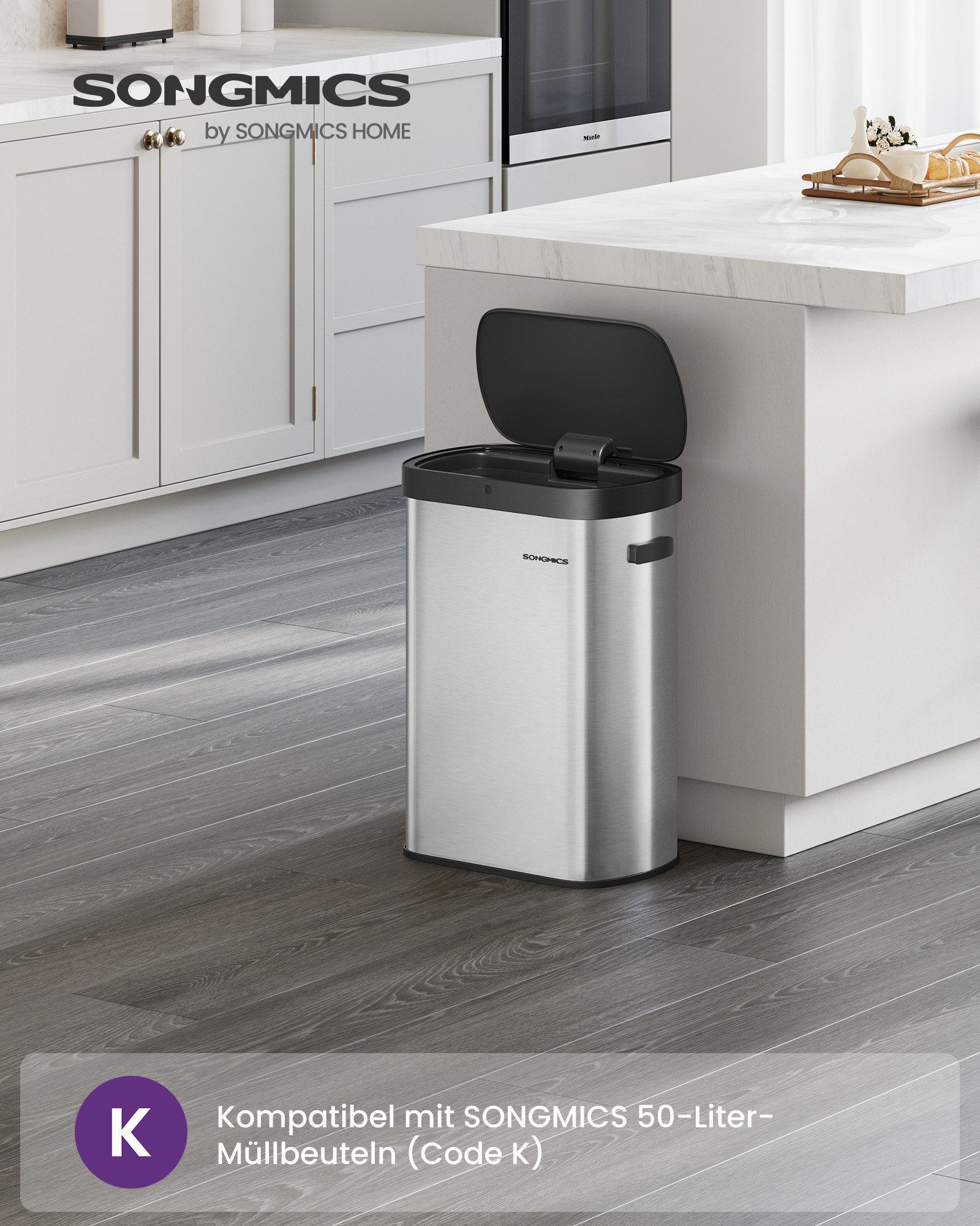 SONGMICS Mülleimer Sensor-Mülleimer, Küche 50 L, mit Sensor, Stahl, Kohlefilter, Softclose-Deckel