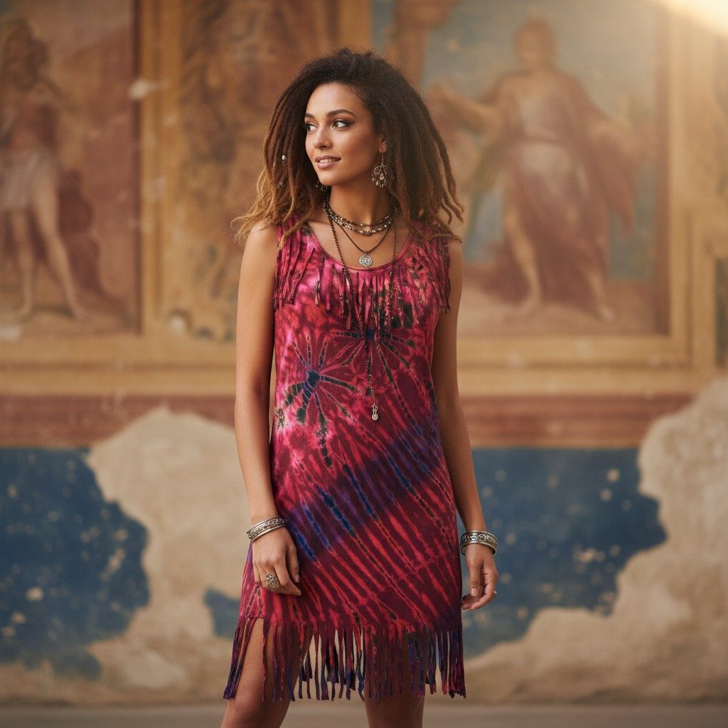 Guru-Shop Midikleid Batik Minikleid, Unikat Boho Fransenkleid - pink altern günstig online kaufen