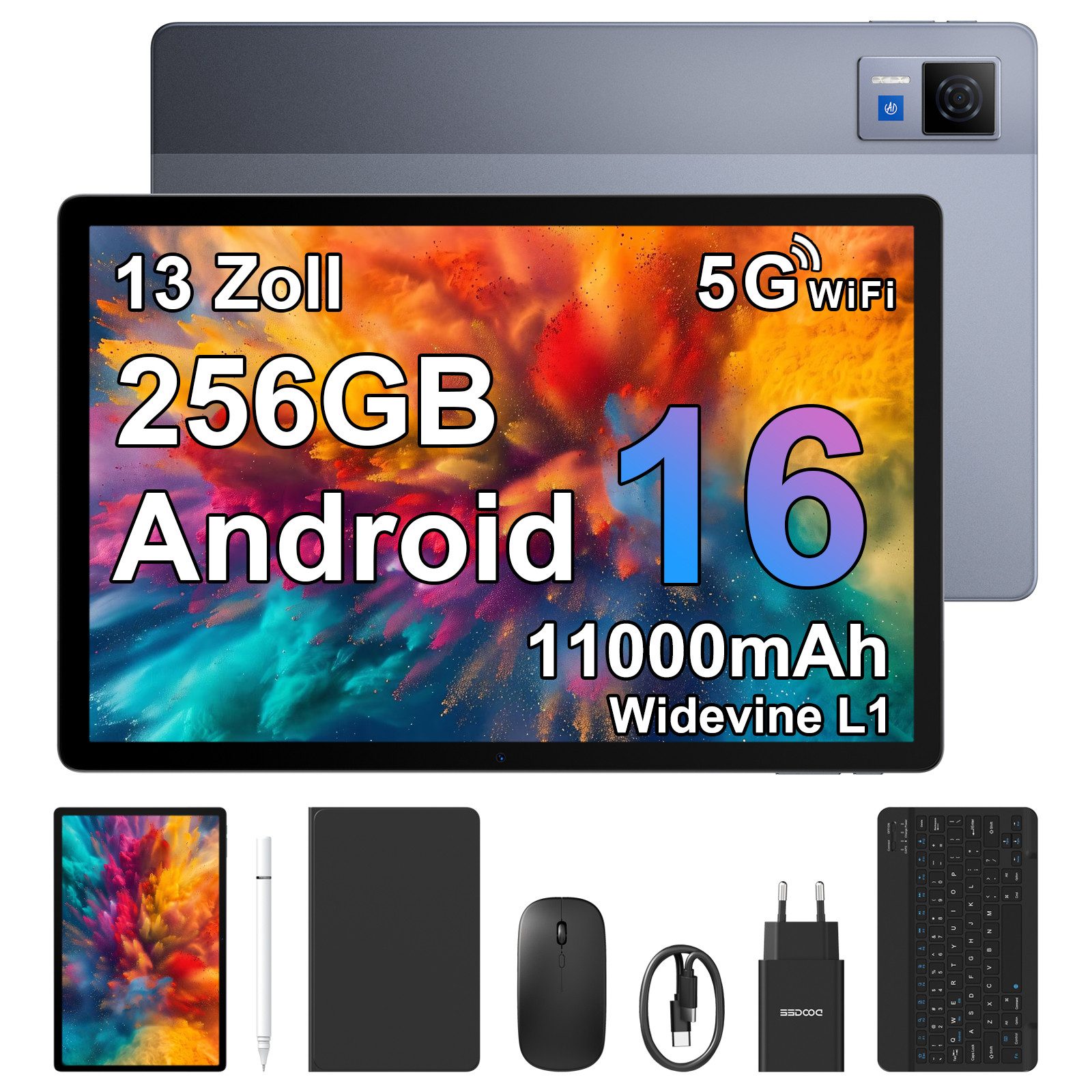DOOGEE U13 Android 16, 32GB RAM+256GB ROM (2TB TF), 11000mAh Tablet (13", 256 GB, Android 16, Tablet-Set inkl. Stift, Tastatur, Maus, Schutzhülle, 5G WiFi, 13MP+5MP)