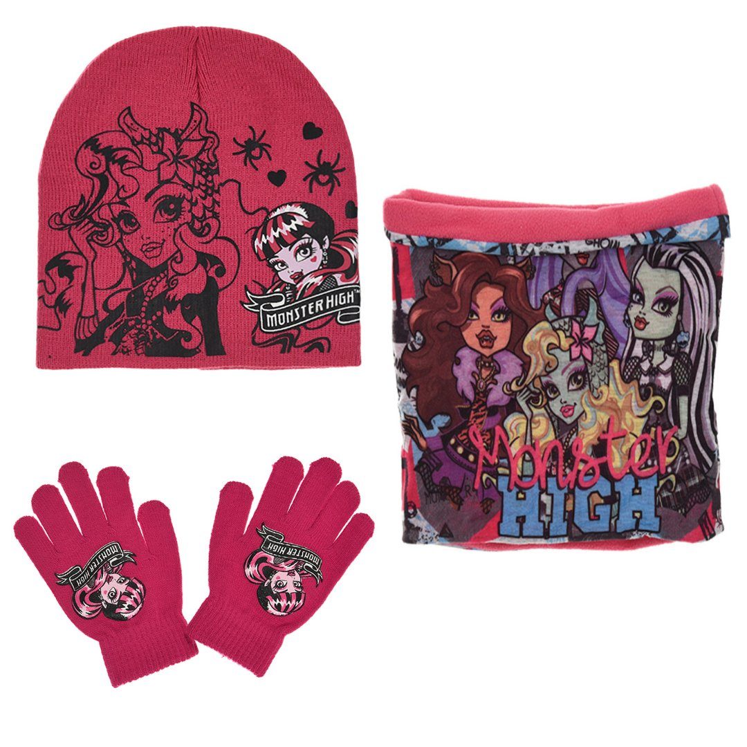 Monster High Schlupfmütze Monster High Girls 3tlg Set Kinder Mütze Wintermütze Handschuhe Loop Gr. 52 bis 54 Pink-01