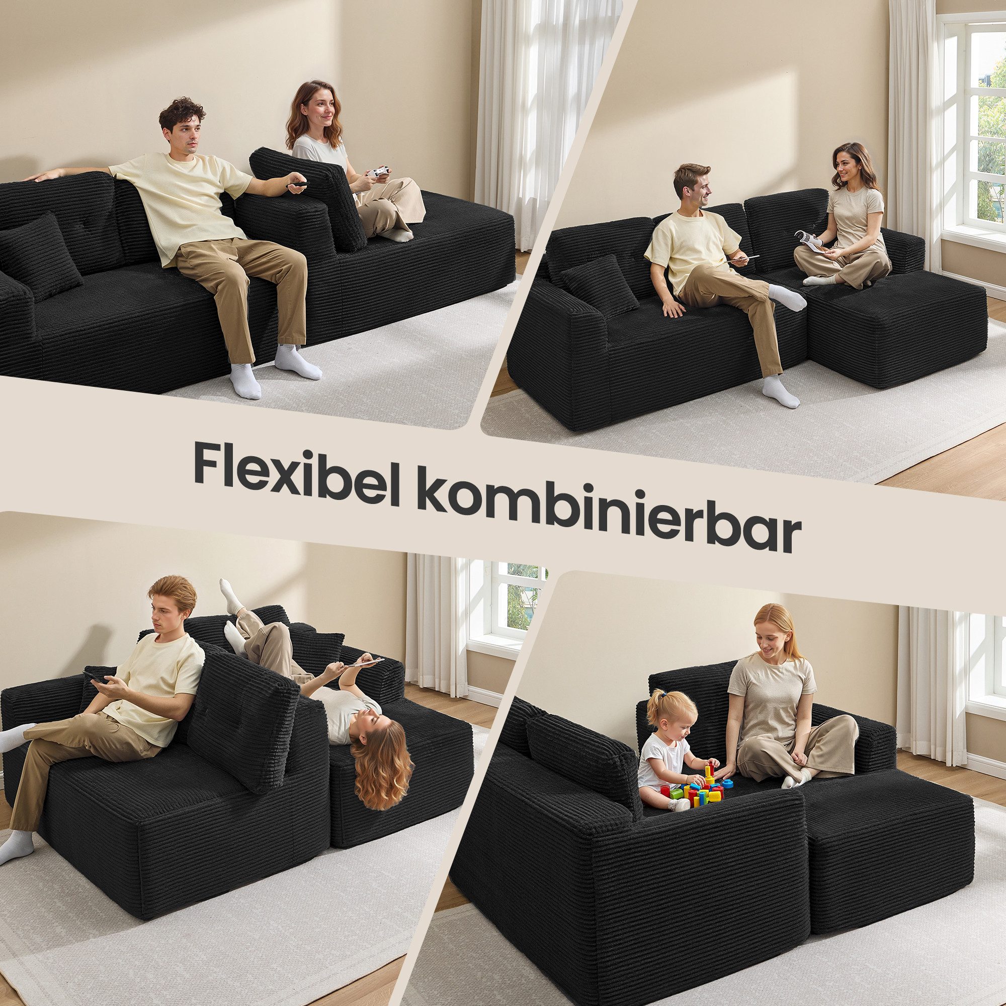 VASAGLE Ecksofa modulares Sofa 244 cm breit vakuumverpackt, Schlafsofa, keine Montage erforderlich, mit großer Chaiselongue