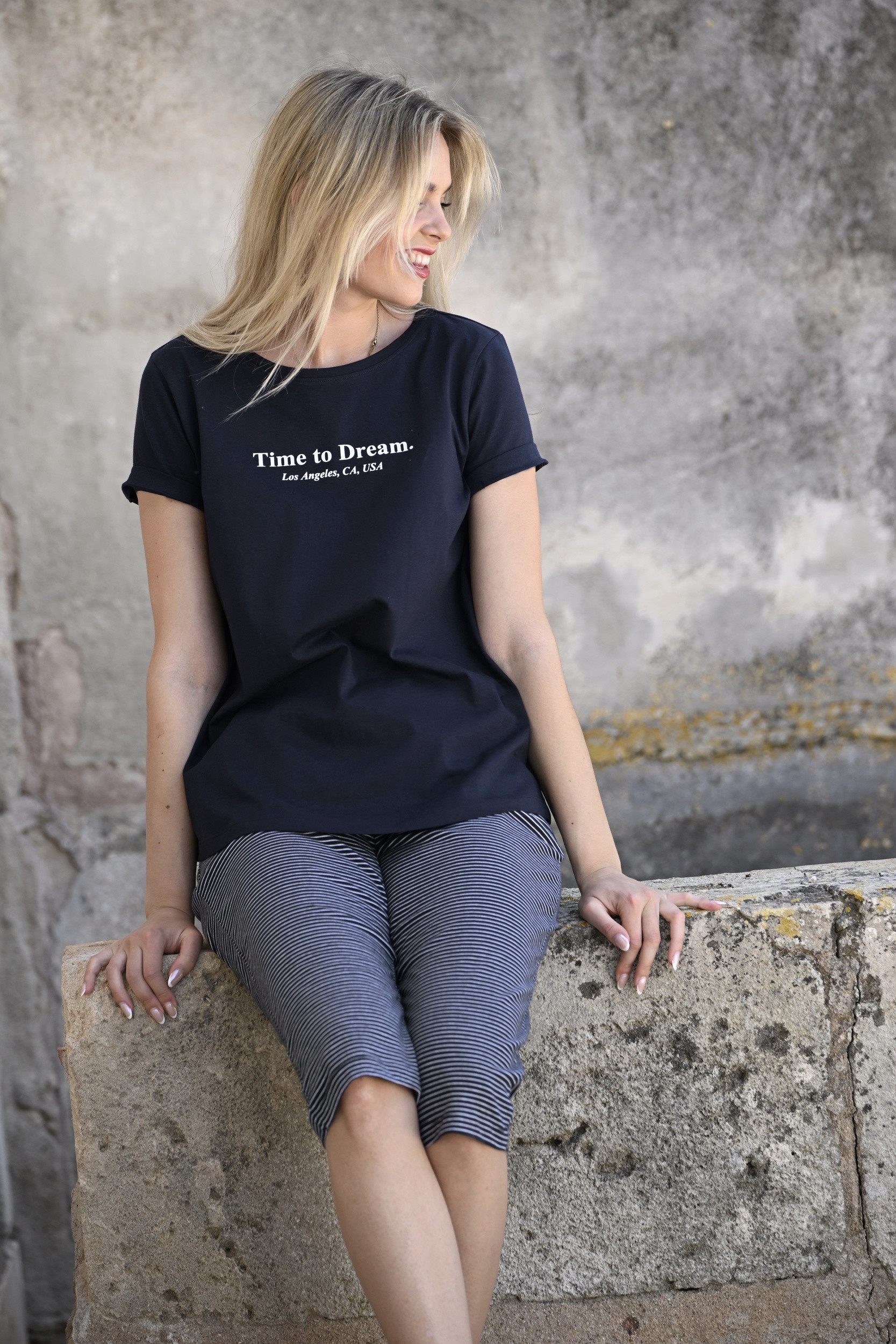Ringella Pyjama - Kurzarm Schlafanzug mit Motivdruck und geringelter Caprihose (2 tlg) reine Baumwolle