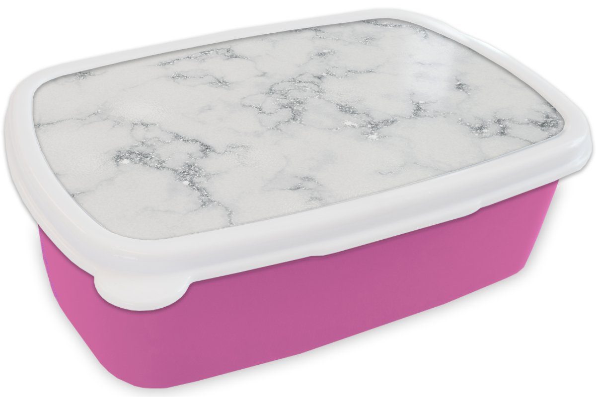 Marmoroptik Lunchbox Grau, Brotbox Kinder, MuchoWow Brotdose Erwachsene, (2-tlg), rosa für Mädchen, Weiß Kunststoff Kunststoff, - Snackbox, -