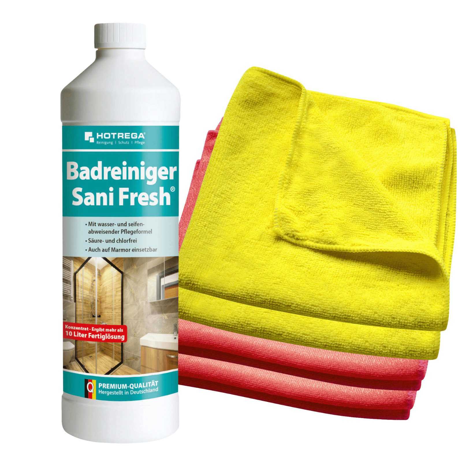 HOTREGA® Badreiniger Sani Fresh Sanitär Reiniger Konzentrat 1L mit 4 Tüchern Badreiniger