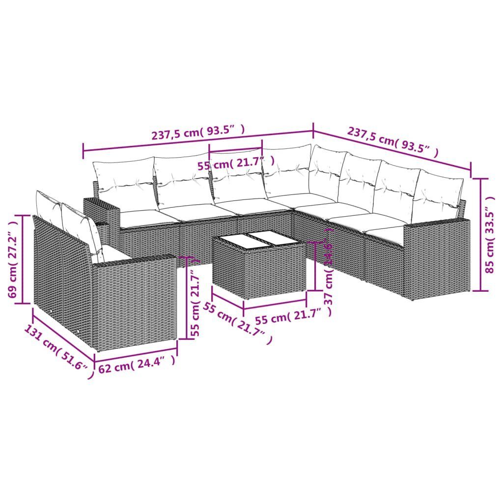vidaXL Sofaelement 10-tlg. Garten-Sofagarnitur mit Kissen Schwarz Poly Rattan (1 St)