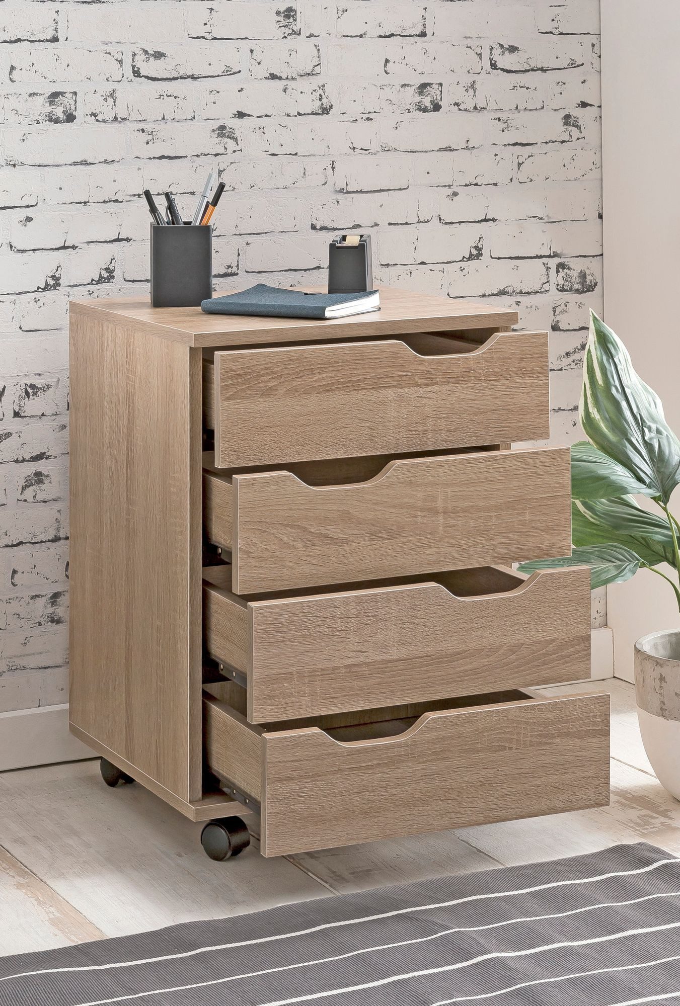 FineBuy Rollcontainer Holz 40x60x40cm Schubladenschrank Büro Container, Schreibtischcontainer mit vier Schubladen, Bürocontainer Beistellcontainer mit Rollen, K – Bild 4 von 5