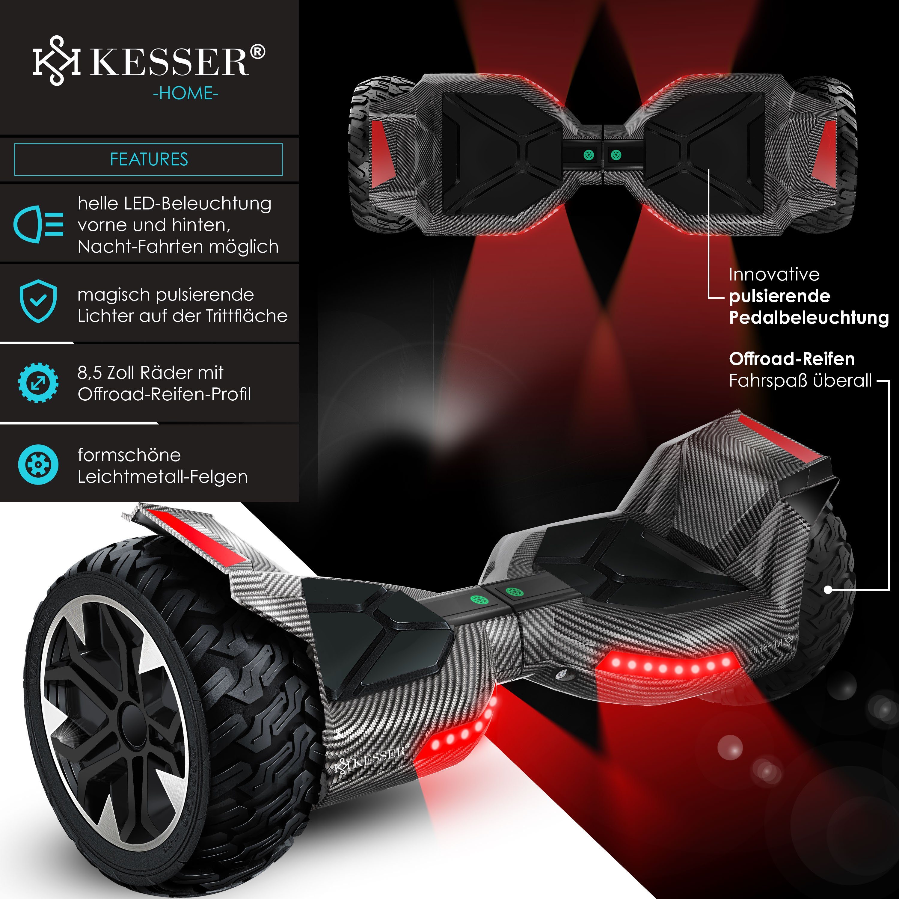 KESSER Balancetrainer, Hoverboard mit Shiny LED Zoll Lautsprecher, Bluetooth 8,5 Licht Carbon 800