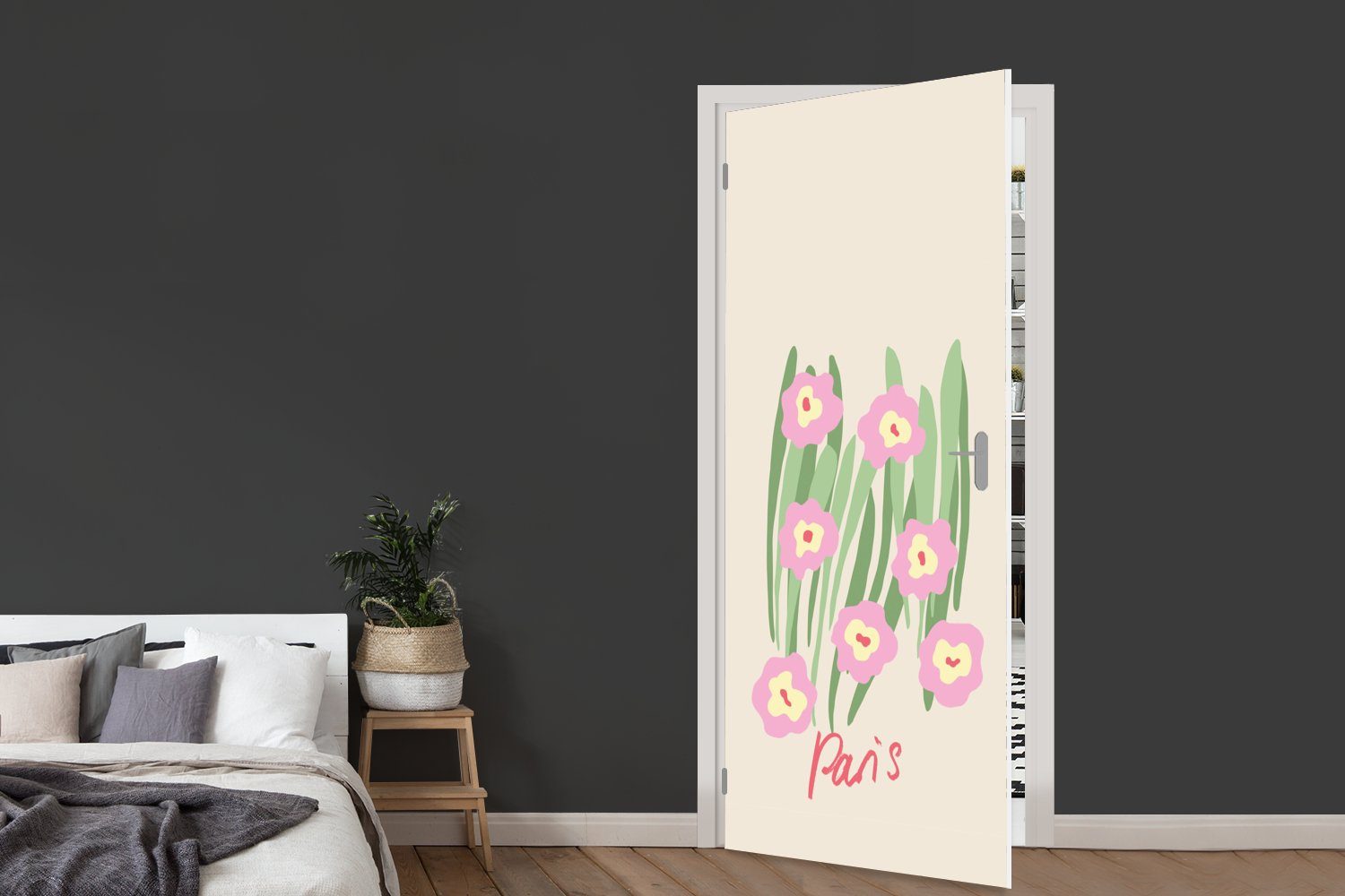 Tür, für Gras, Rosa Türaufkleber, - (1 Matt, bedruckt, - cm Fototapete MuchoWow 75x205 St), Blume Türtapete