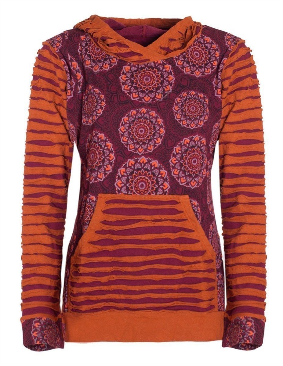 Vishes Kapuzensweatshirt Cutwork Hoodie Baumwolle Langarm Kapuze Tasche bedruckt Alternative Mode, Ethno, Hippie, Goa Style