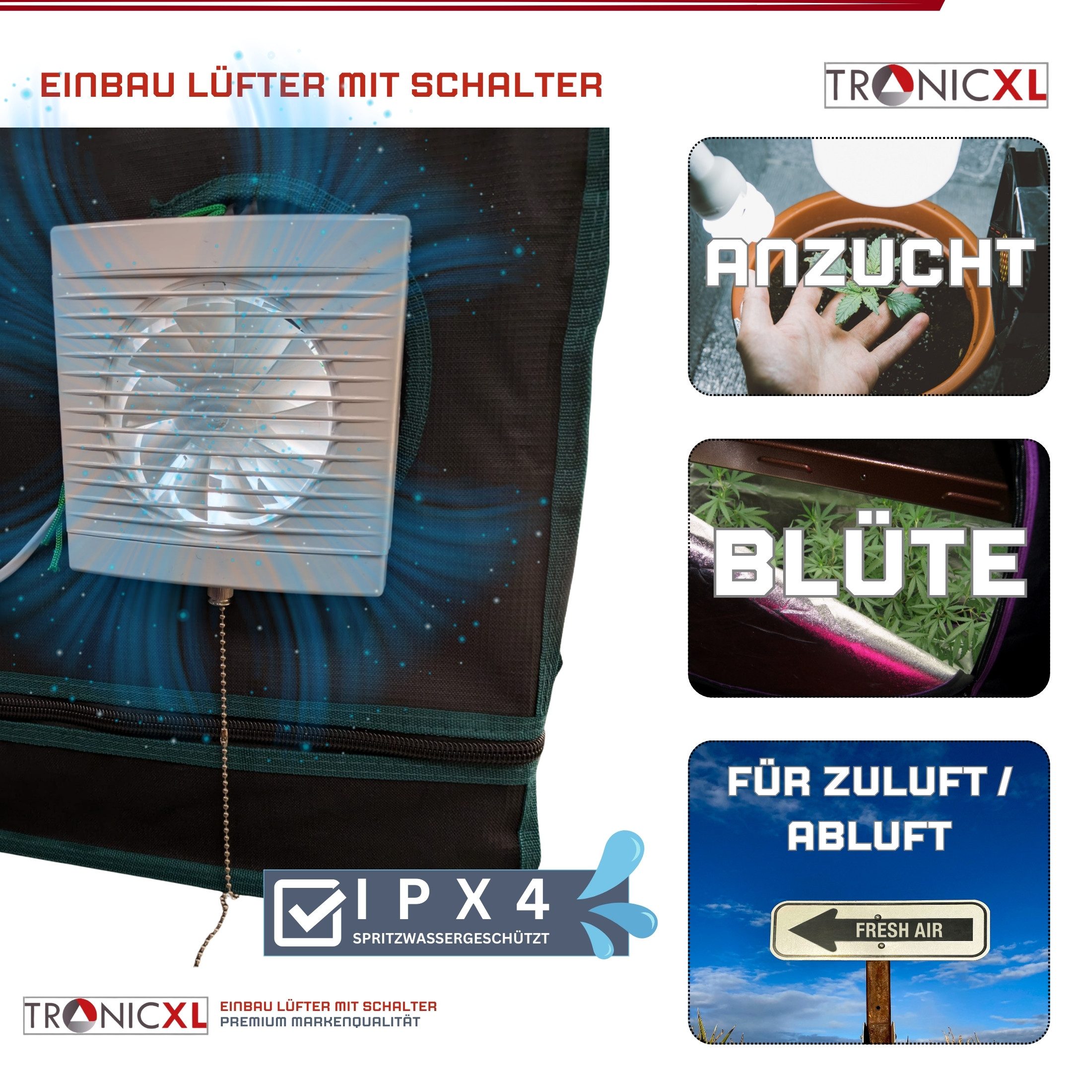 TronicXL Turboventilator IPX4 Premium 100mm Abluft Zuluft Grow Lüfter Ventilator für Growbox, 14.7 cm Durchmesser