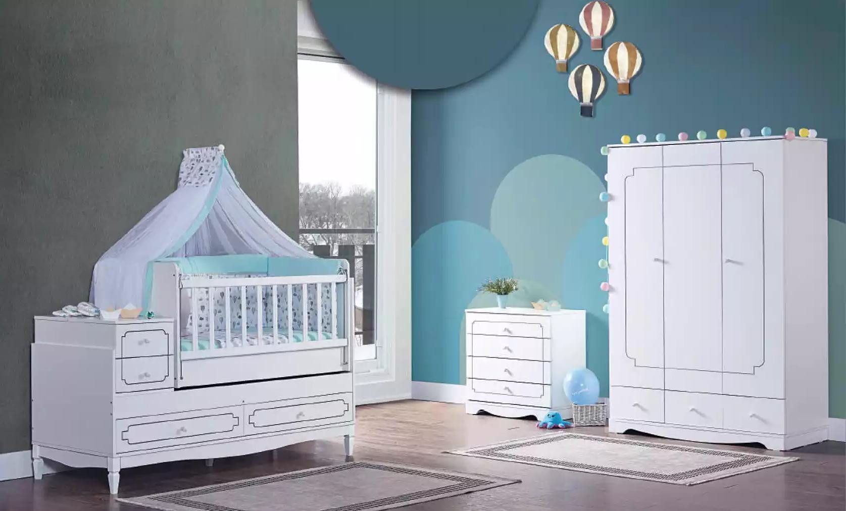Xlmoebel Babymöbel-Set Weißes Babyzimmermöbel-Set mit Bett, Schrank und Kommode, (3-tlg., 3tlg. Schlafzimmer Set (Kinderbett+Kleiderschrank+Kommode), Hergestellt in Europa