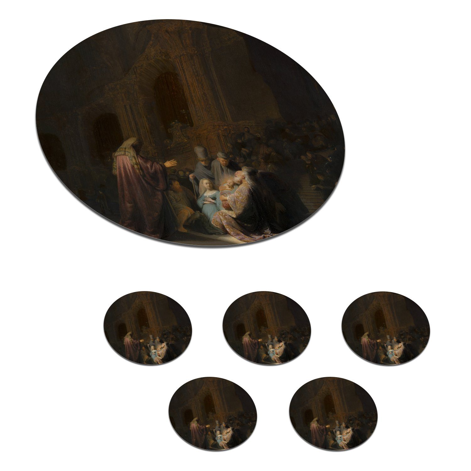 MuchoWow Glasuntersetzer Das Lied des Simeon - Gemälde von Rembrandt van Rijn, Zubehör für Gläser, 6-tlg., Getränkeuntersetzer, Tassenuntersetzer, Korkuntersetzer, Tasse, Becher