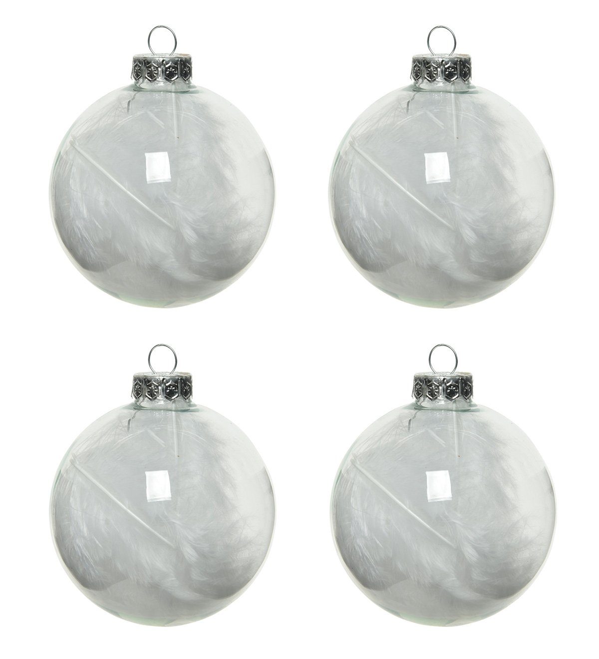 Decoris season decorations Christbaumschmuck, Weihnachtskugeln Glas mit Federn gefüllt 7cm klar / weiß, 4er Set