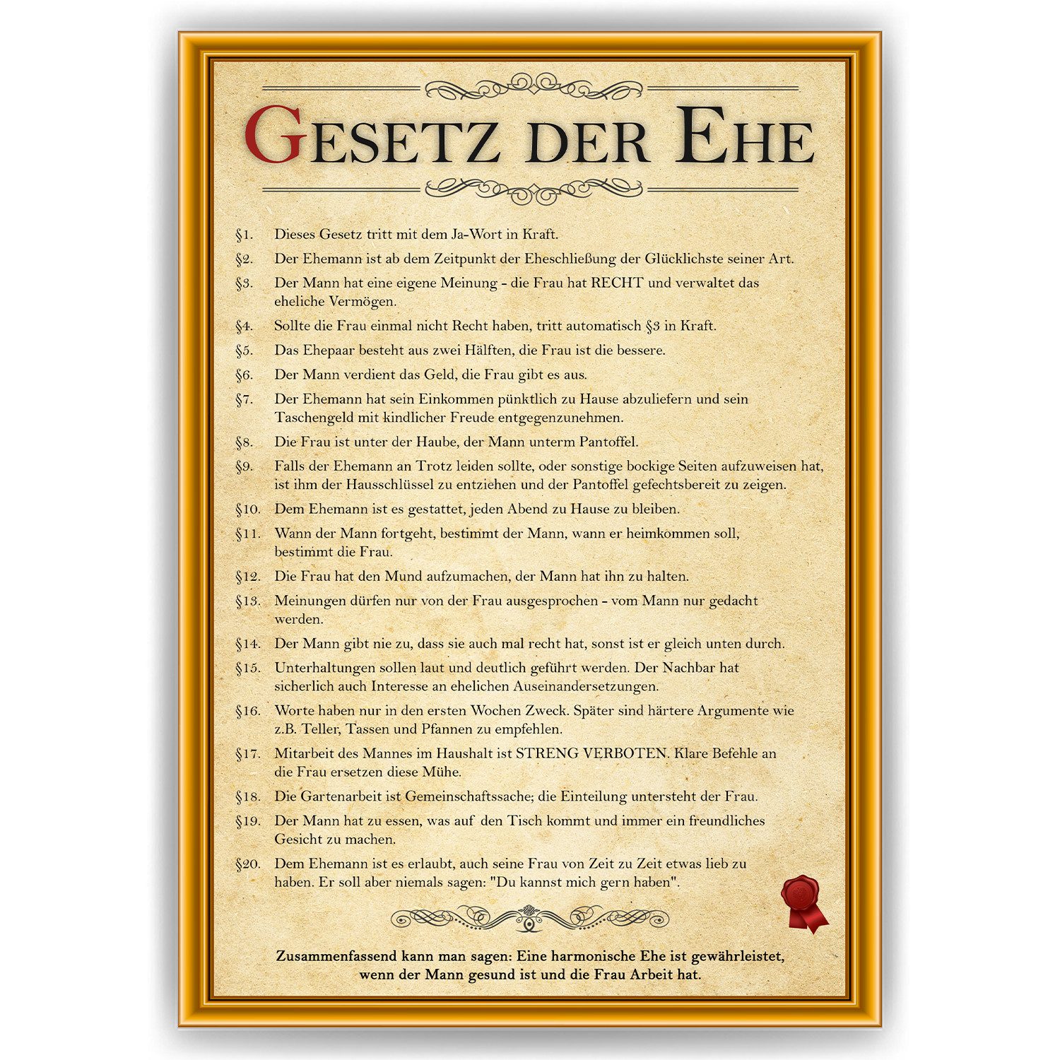 Tigerlino Poster Ehegesetz Hochzeitsgeschenk Ehepaar Hochzeitstag Geschenk günstig online kaufen