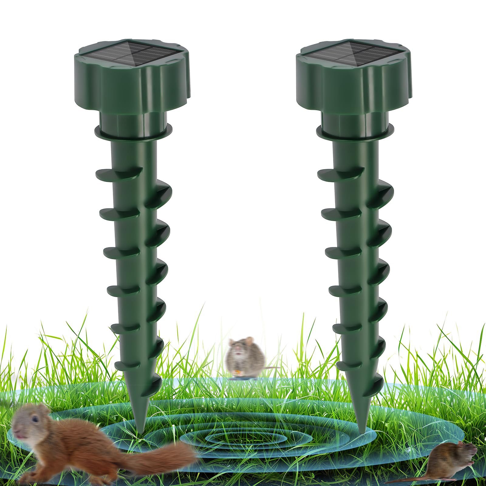 LQWELL Ultraschall-Tierabwehr Solar Maulwurfvertreiber Wühlmausvertreiber für den Garten, 4.5V-600mAH Solar Maulwurfvertreiber Wühlmausvertreiber für den Garten 2-tlg., 2 ST Ultraschall Schlagenabwehr Eidechsenabwehr Schädlingsbekämpfung, für Rasen Garten Gemüsegarten Obstgarten Hinterhof
