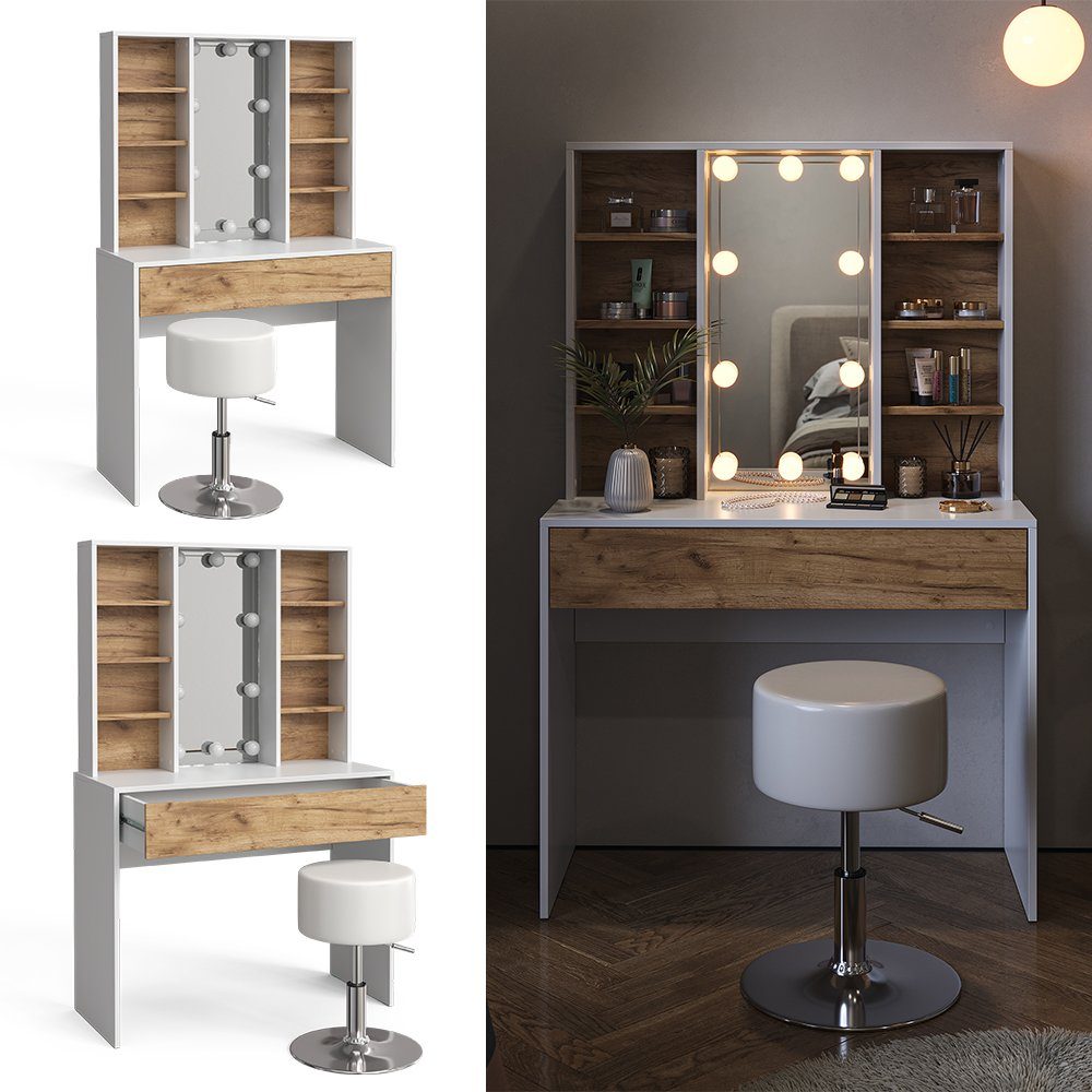 Vicco Schminktisch Alexa, Weiß/Eiche, 93 cm mit LED Beleuchtung und Hocker günstig online kaufen