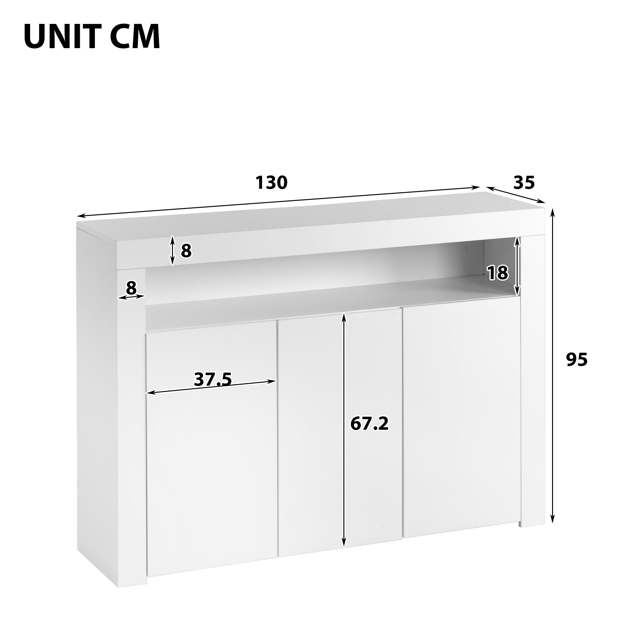 Merax Sideboard mit 3 Türen und 1 offene Fach, Hochglanz Front mit LED,Kommode mit verstellbaren Einlegeböden – Bild 5 von 5