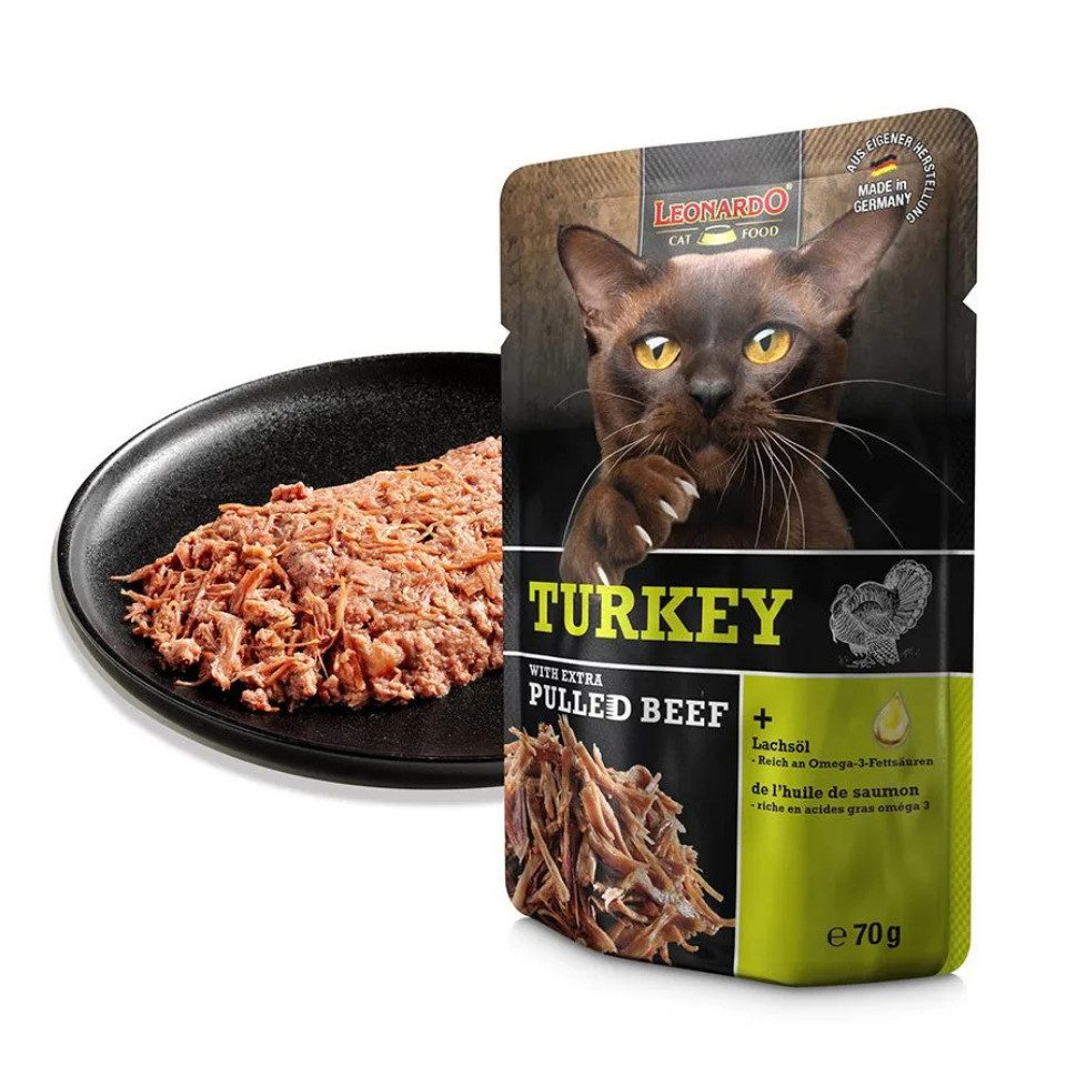Leonardo Catfood Turkey with extra Pulled Beef - Truthahnpaté mit Rindfleisch 16x70g, Nassfutter für: Katzen
