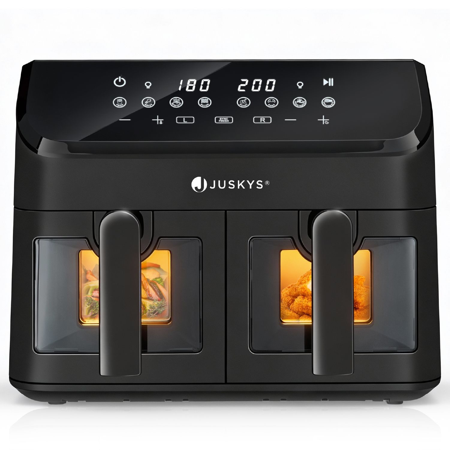 Juskys Heißluftfritteuse, 1800 W, mit 2 Kammern, Smart Finish und 9 Programmen - Antihaftbeschichtung