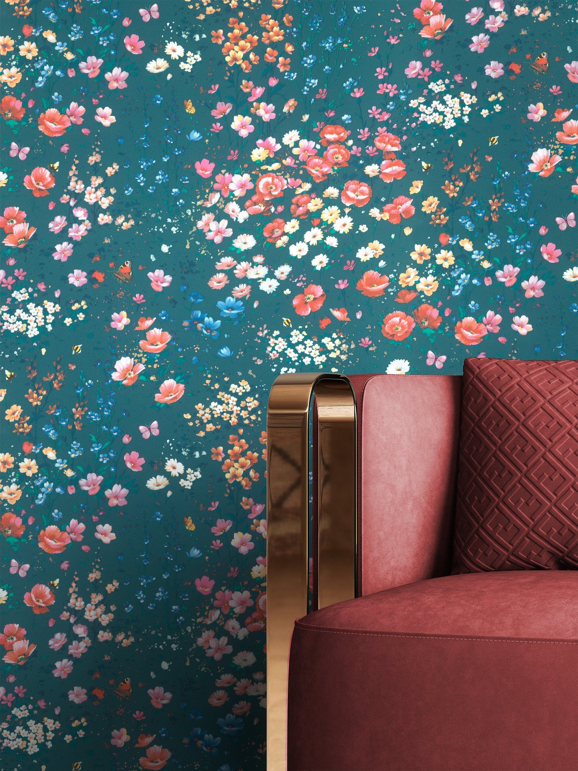 Newroom Vliestapete, Blau Tapete Landhaus Blumen günstig online kaufen