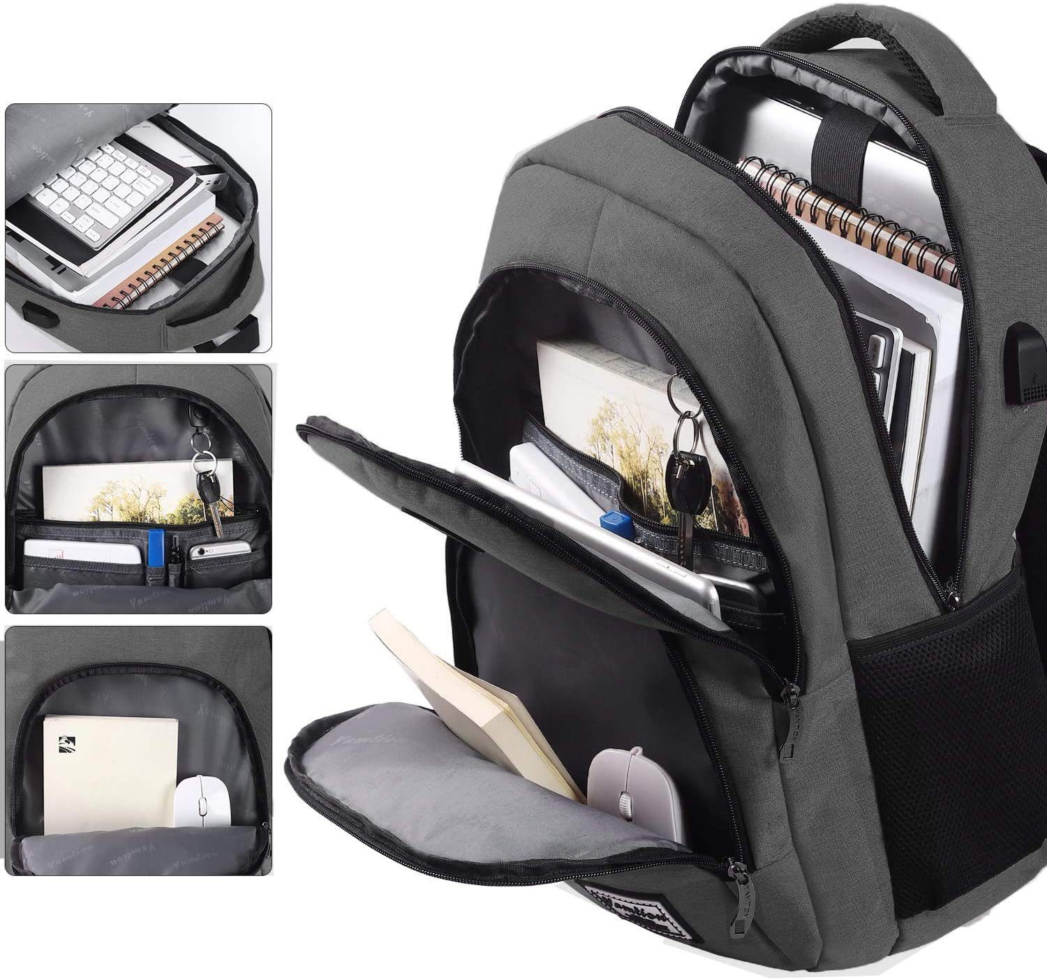 Rucksack Laptop Backpack Herren Damen Daypack Grosse Kapazität Business Wasserdicht Multifunktion mit USB Ladeanschluss Schulrucksack Tagesrucksack 