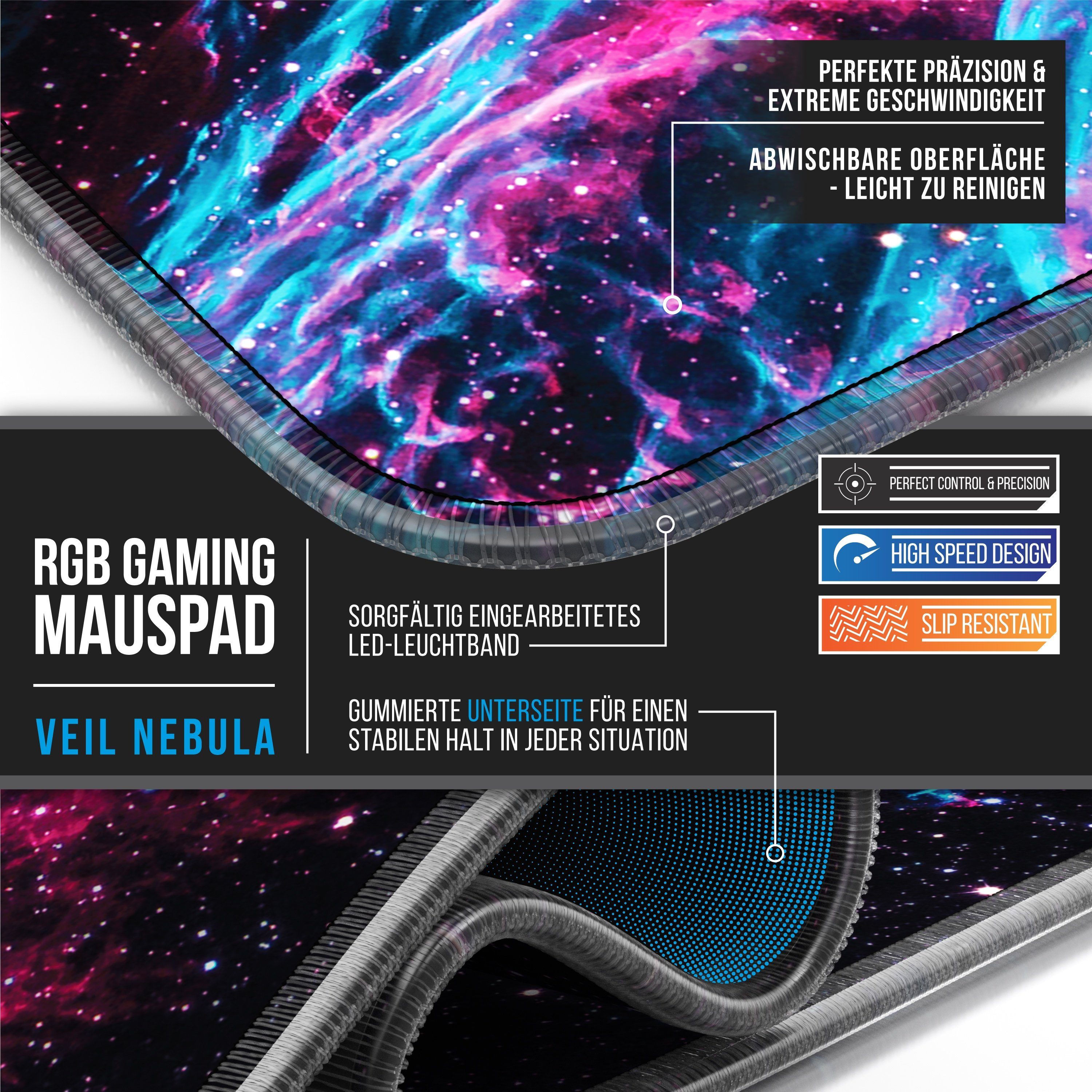 Titanwolf Gaming Mauspad RGB Mousepad 800 x 300 x 3 mm, LED Multi Color XL Tischunterlage, rutschfest, abwaschbar, Geschwindigkeit & Präzision, Galaxie Blau