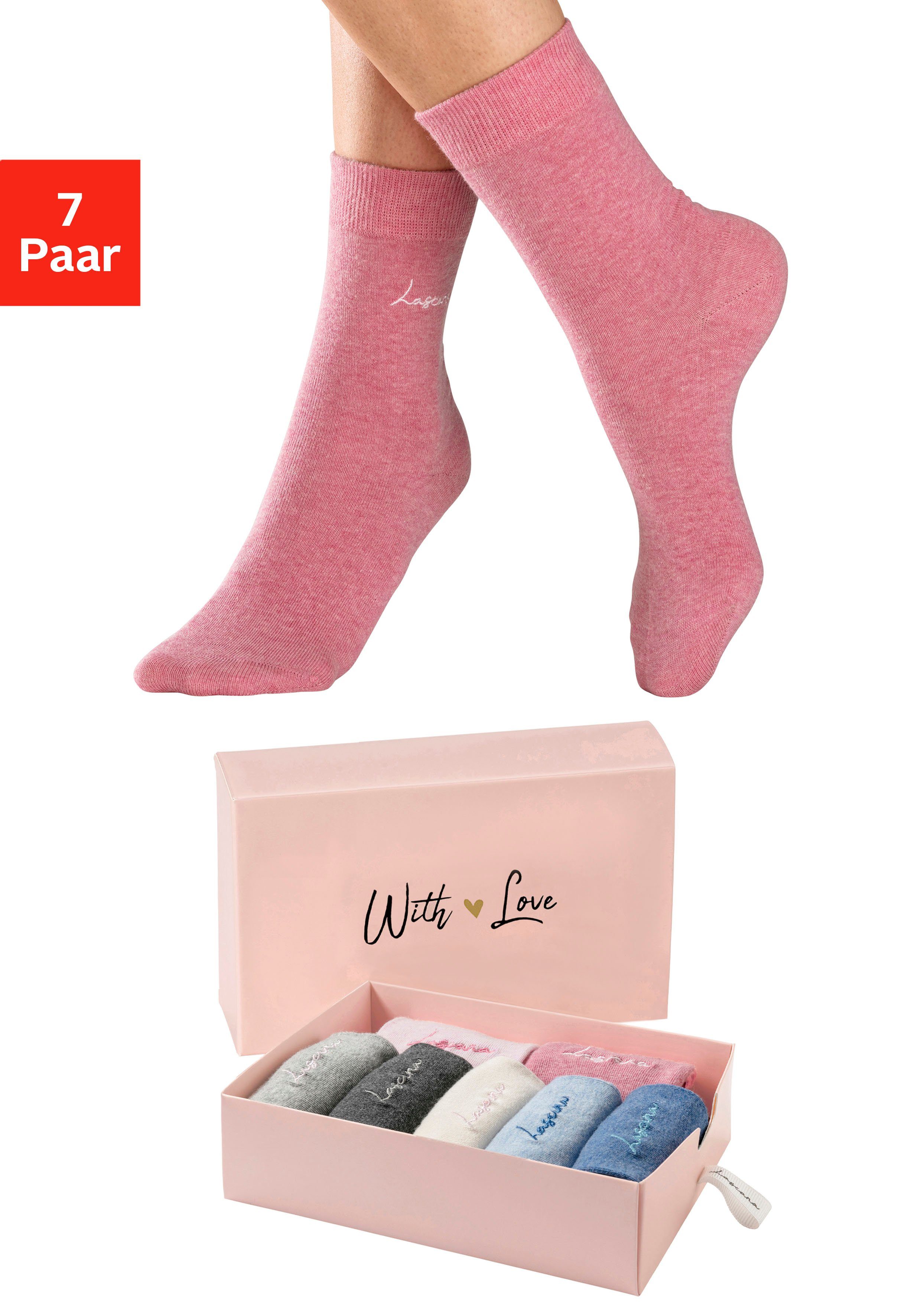 1x anthrazit-meliert, (Set, Basicsocken altrosa-meliert, 1x Logo 1x Stickerei 7-Paar) ecru grau-meliert, LASCANA hochwertiger 1x 1x 1x jeans-meliert, hellblau-meliert, mit rosa-meliert, 1x