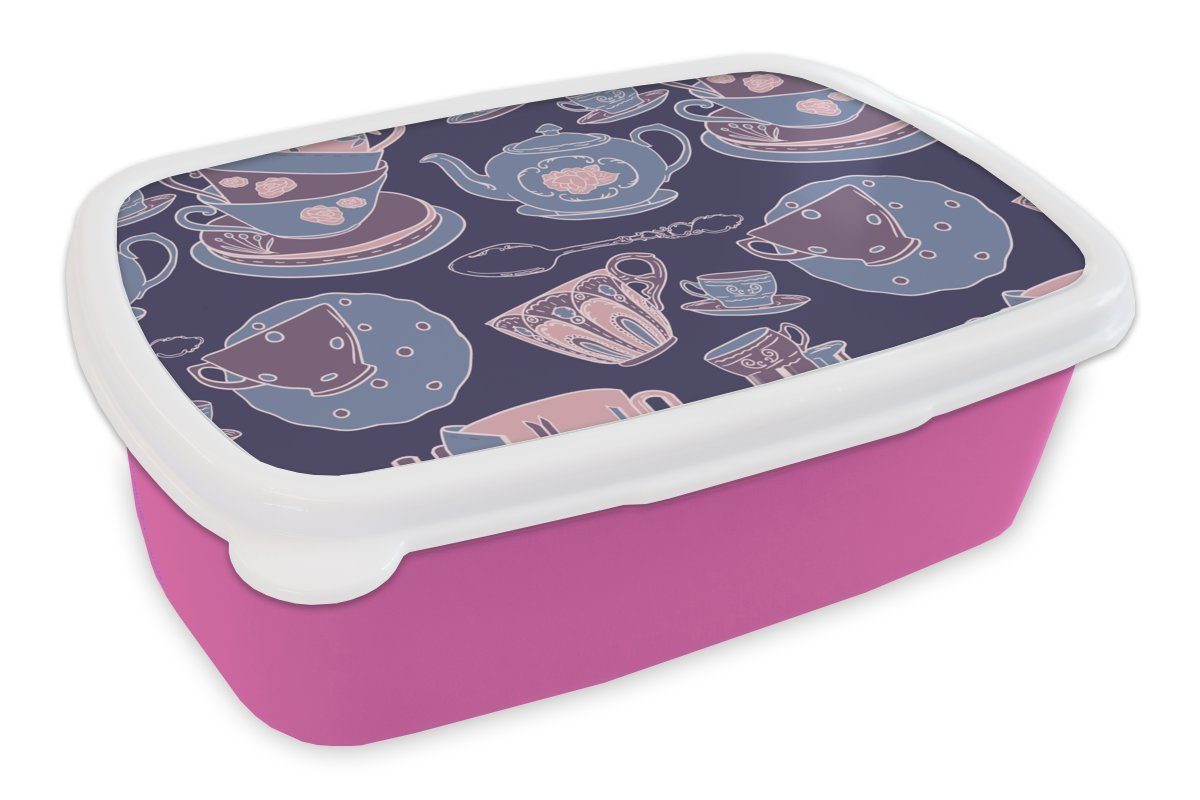 MuchoWow Lunchbox Muster - Tee - Tasse - Teekanne, Kunststoff, (2-tlg), Brotbox für Erwachsene, Brotdose Kinder, Snackbox, Mädchen, Kunststoff rosa